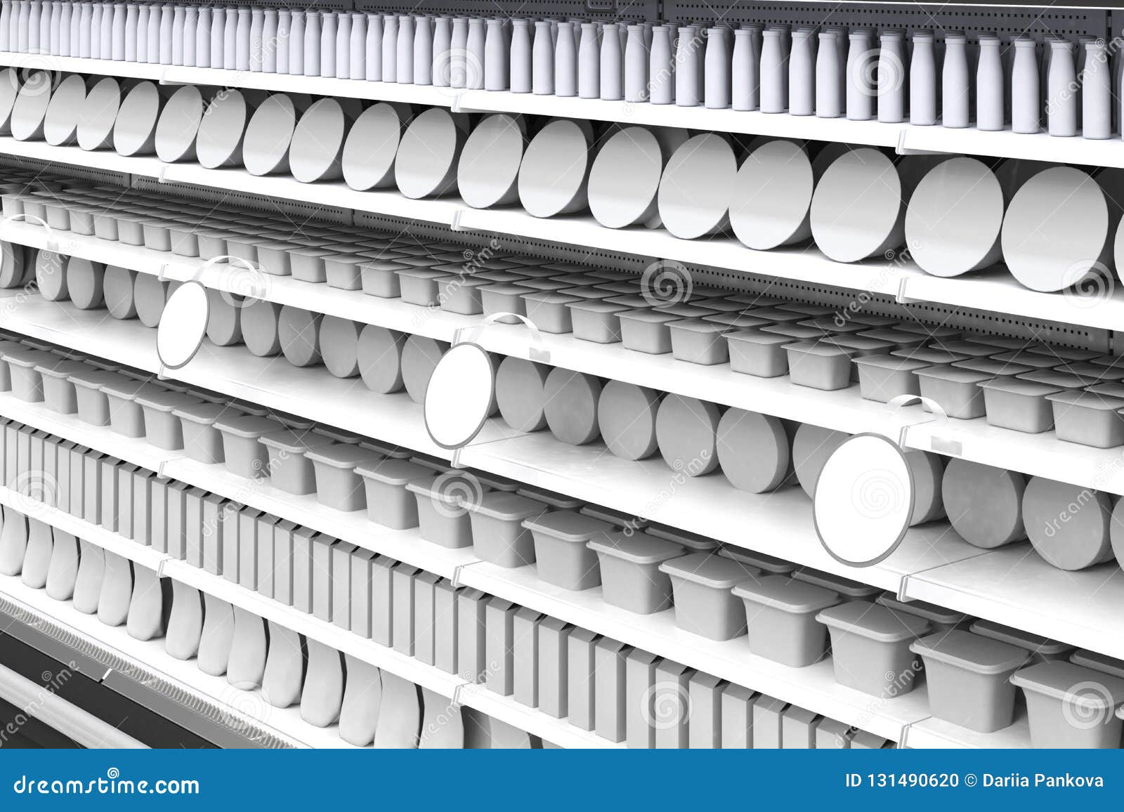 Download Supermarket Shelves With Blank Properties And Round Wobblers In Perspective Mockup 3d Illustration Stock Illustration Illustration Of Rendering Paper 131490620