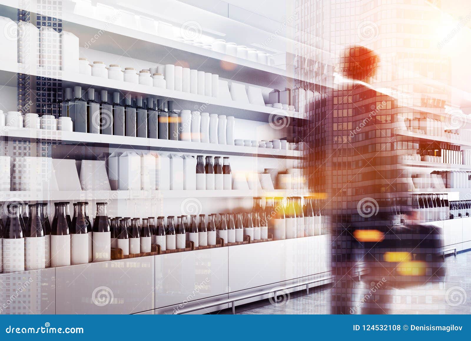 Download Supermarket Shelves With Mock Up Goods, Man Stock Photo - Image of mall, multiexposure: 124532108