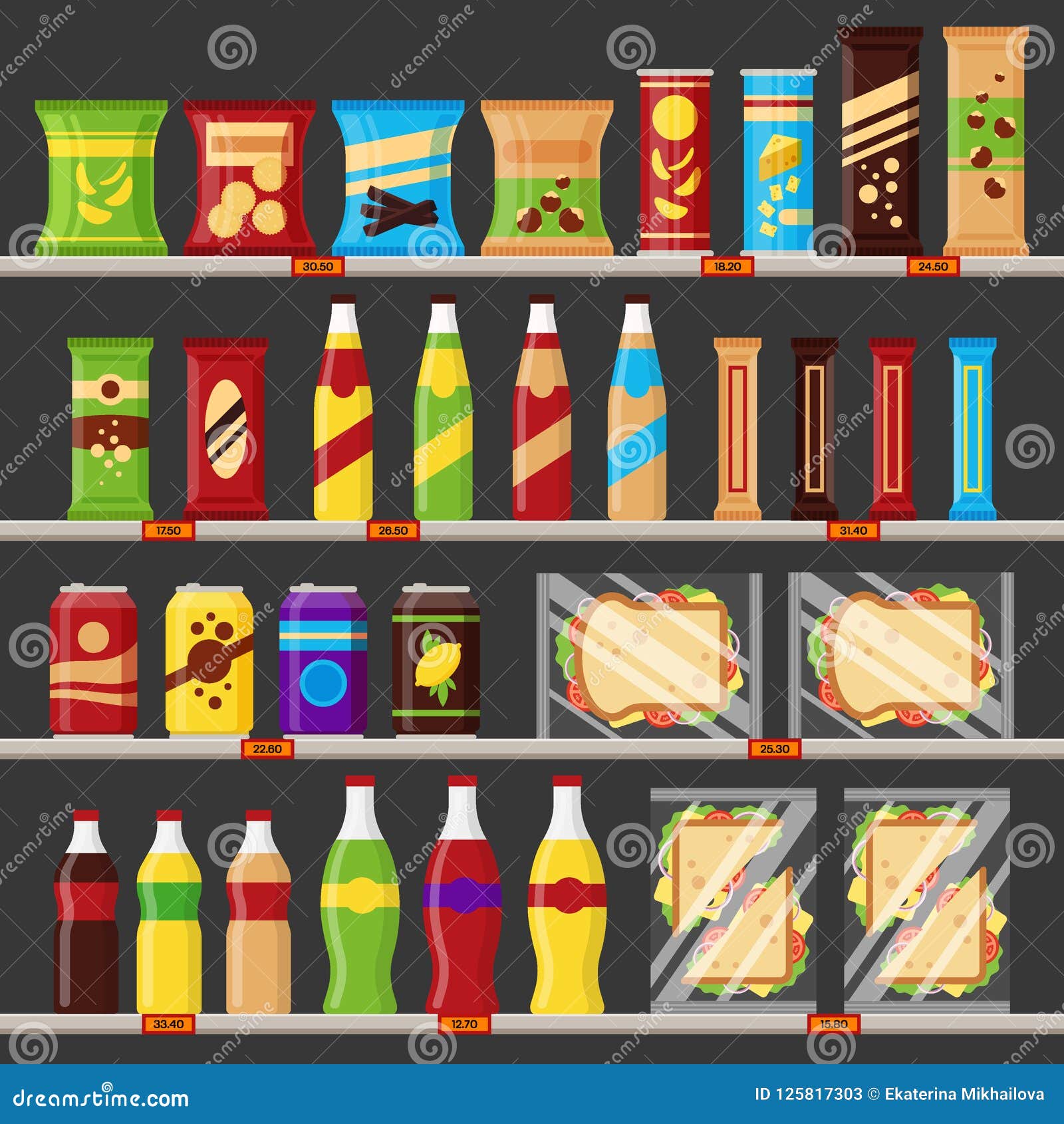 supermarket, store shelves with groceries products. fast food snack and drinks with price tags on the racks - flat