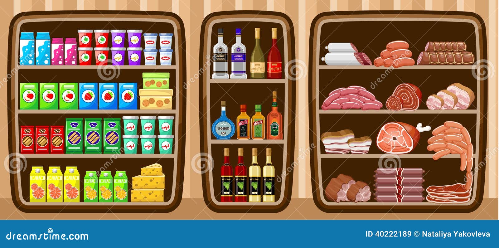 Supermarkt. Shelfs Met Voedsel. Vector Illustratie Illustration of