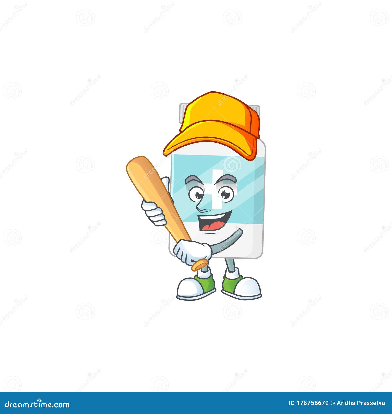 Supplement Bottle Cartoon Design Concept of Hold Baseball Stick Stock