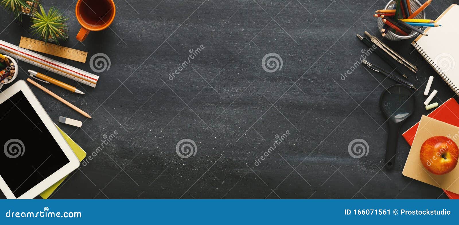 Supplies for School Border on Black Chalkboard, Panorama Stock Image ...