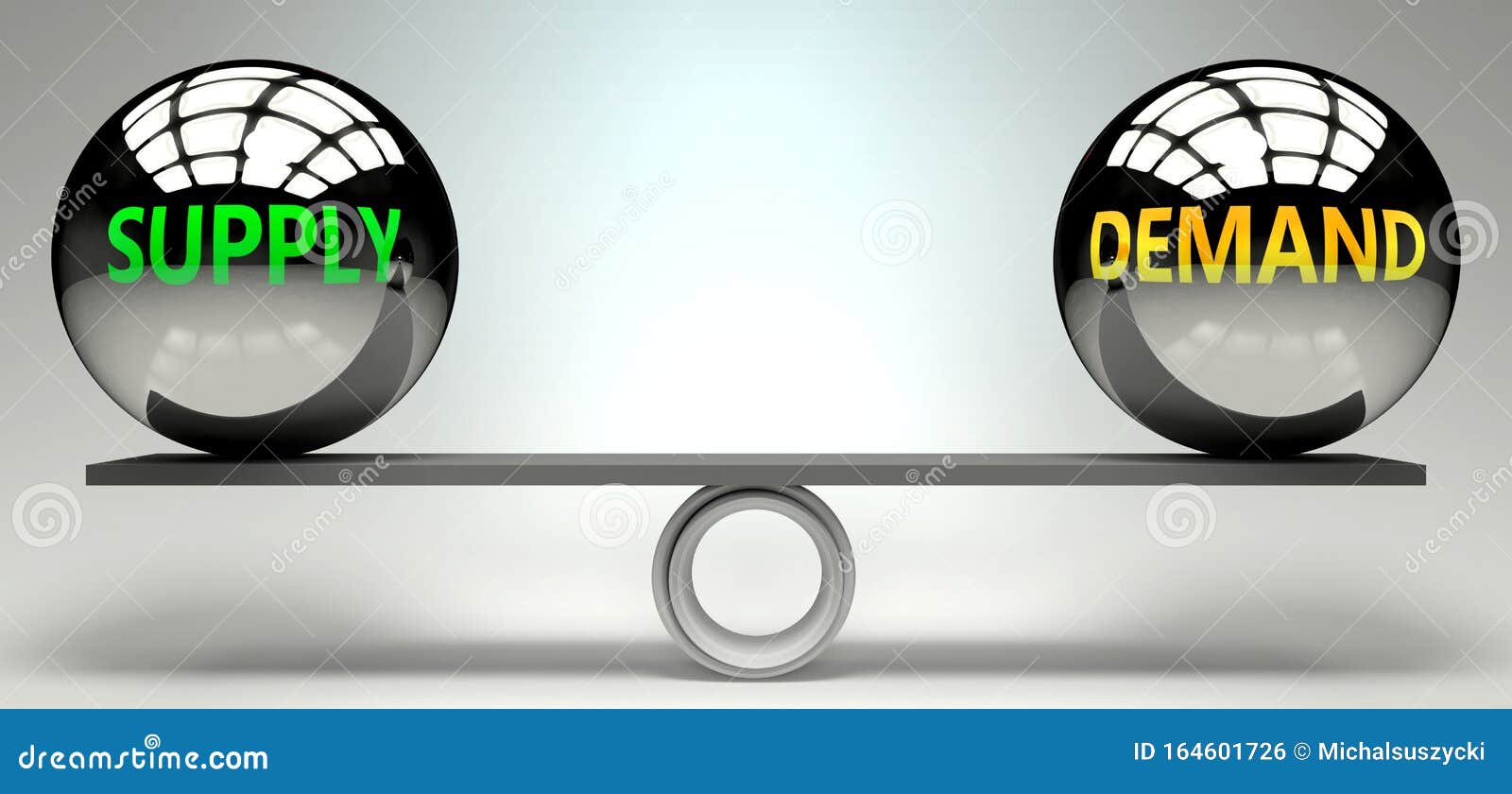 supply and demand balance, harmony and relation pictured as two equal balls with  text words showing abstract idea and symmetry