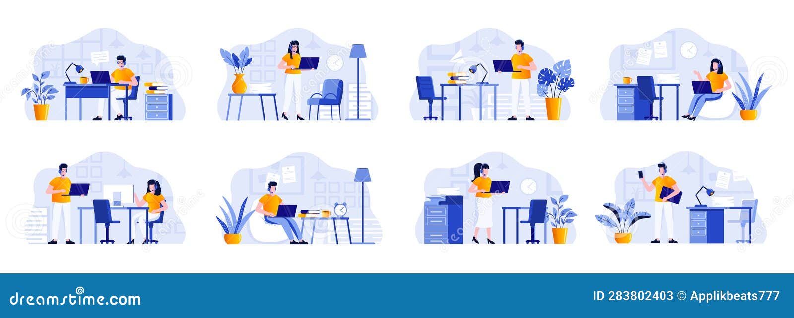 Support Service Scenes Bundle with People Characters. Helpline Operator