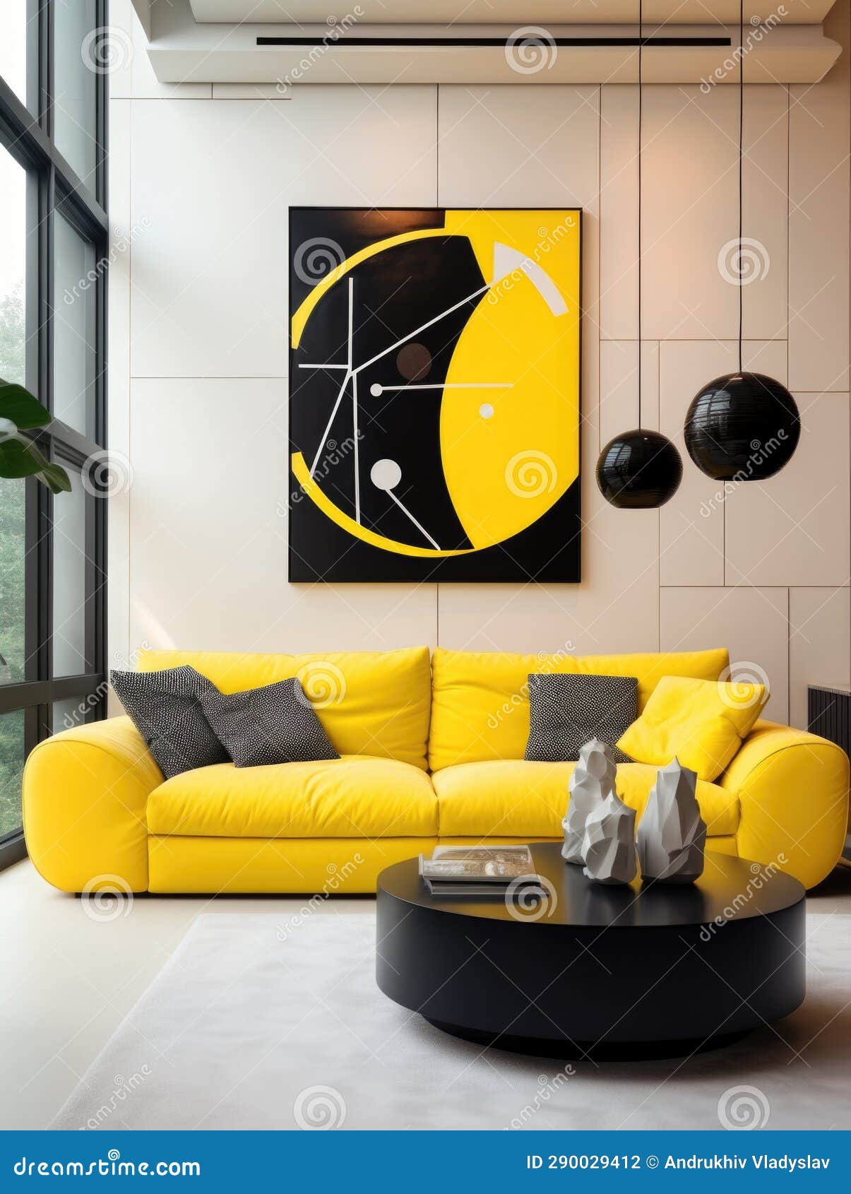 suprematism style interior  of modern living room with yellow sofa