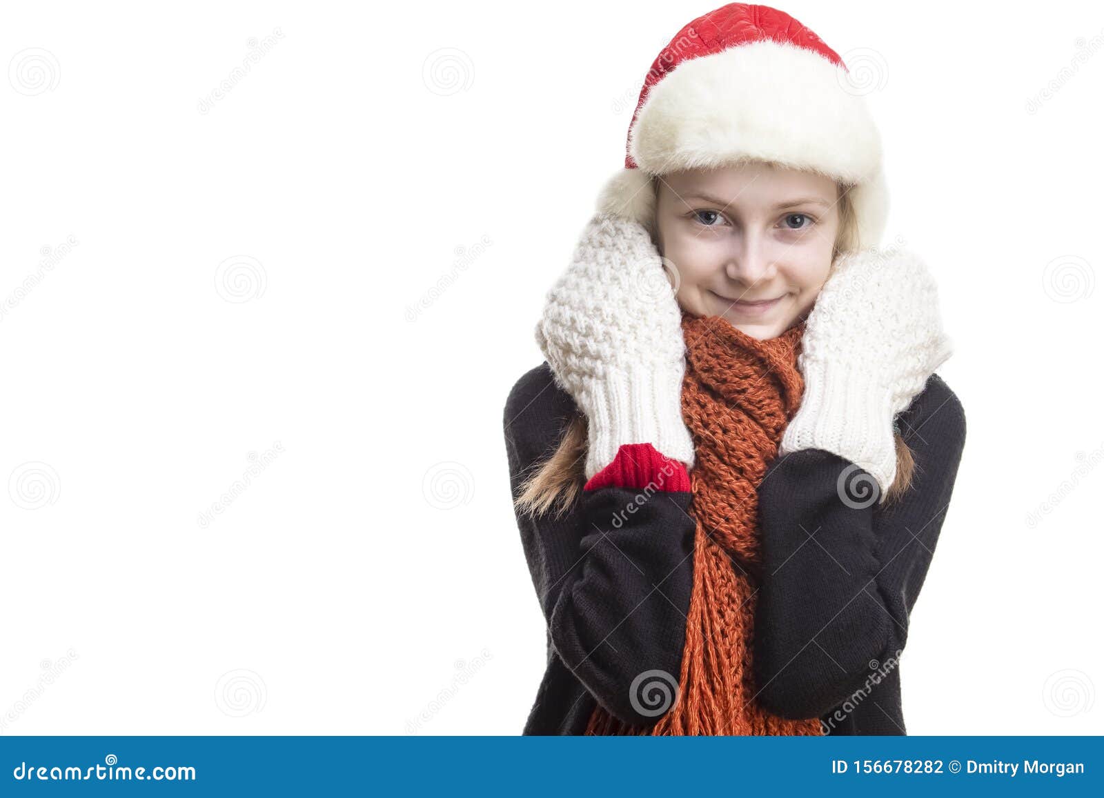 Suprised Caucasian Girl with Pigtails Posing in Winter Outfit Against ...