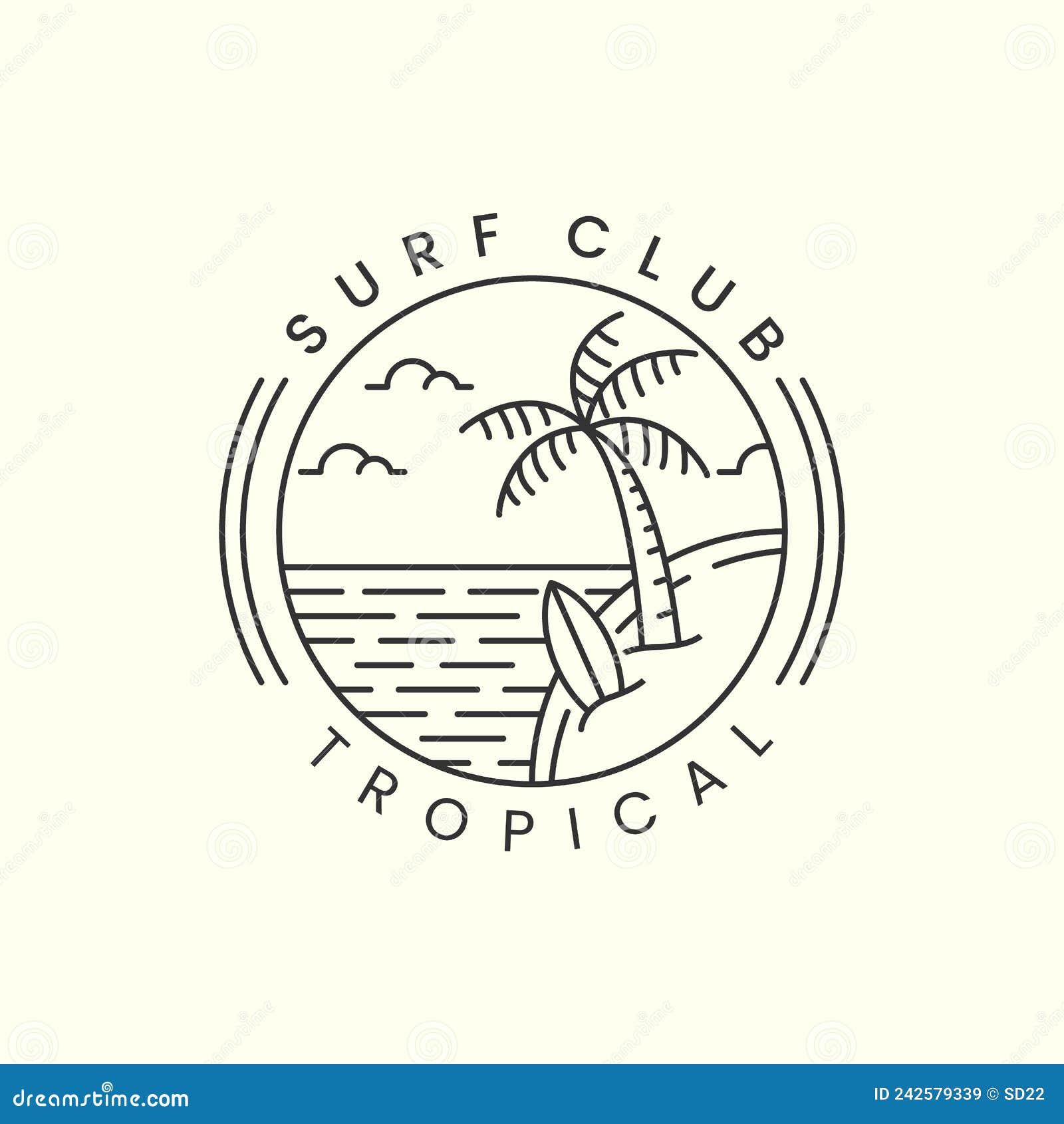 Surf Club Tropical Beach with Emblem and Line Art Style Logo Icon ...