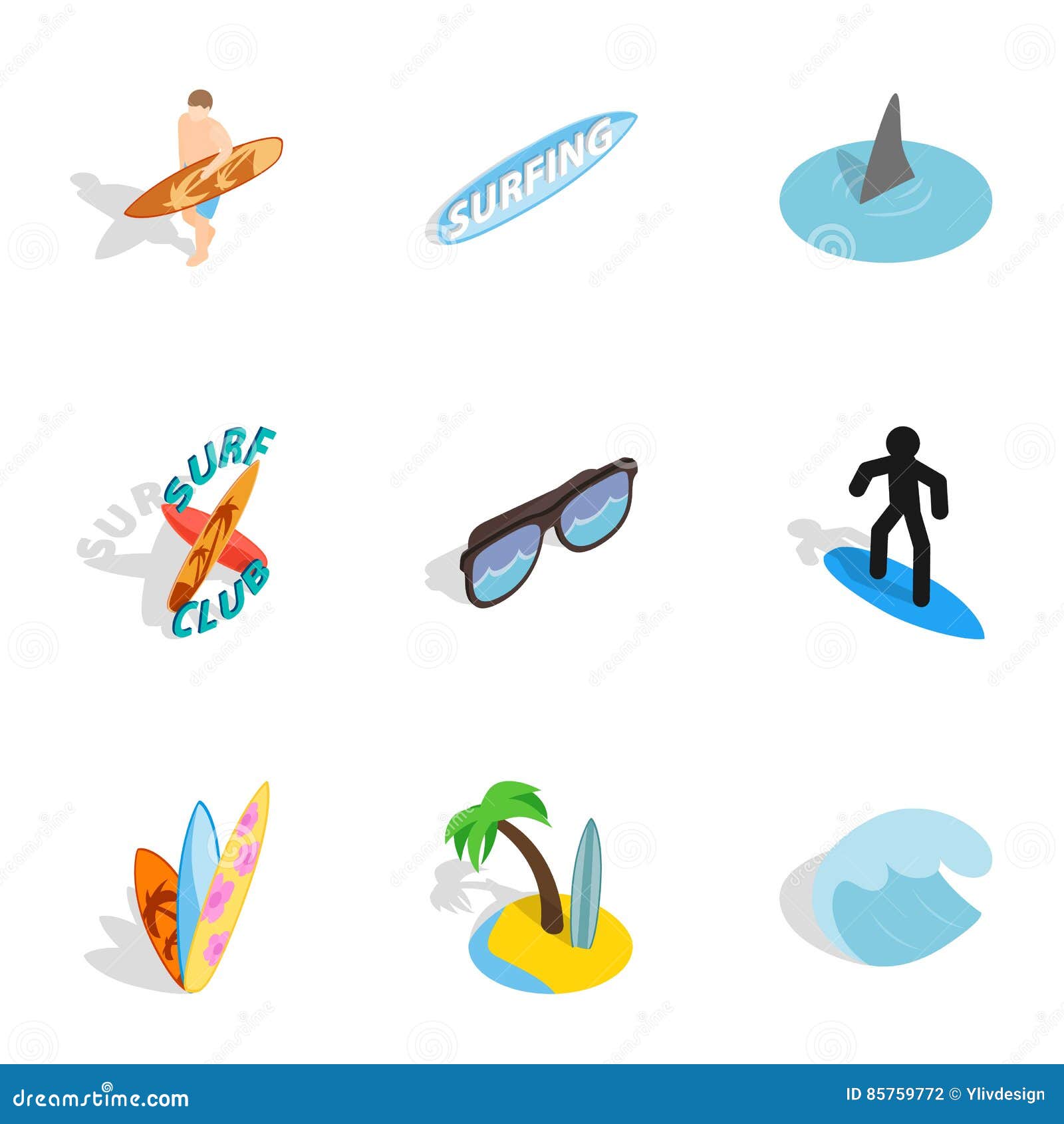 Surf Elements Icons Set, Isometric 3d Style Stock Vector Illustration of ocean, jacket 85759772