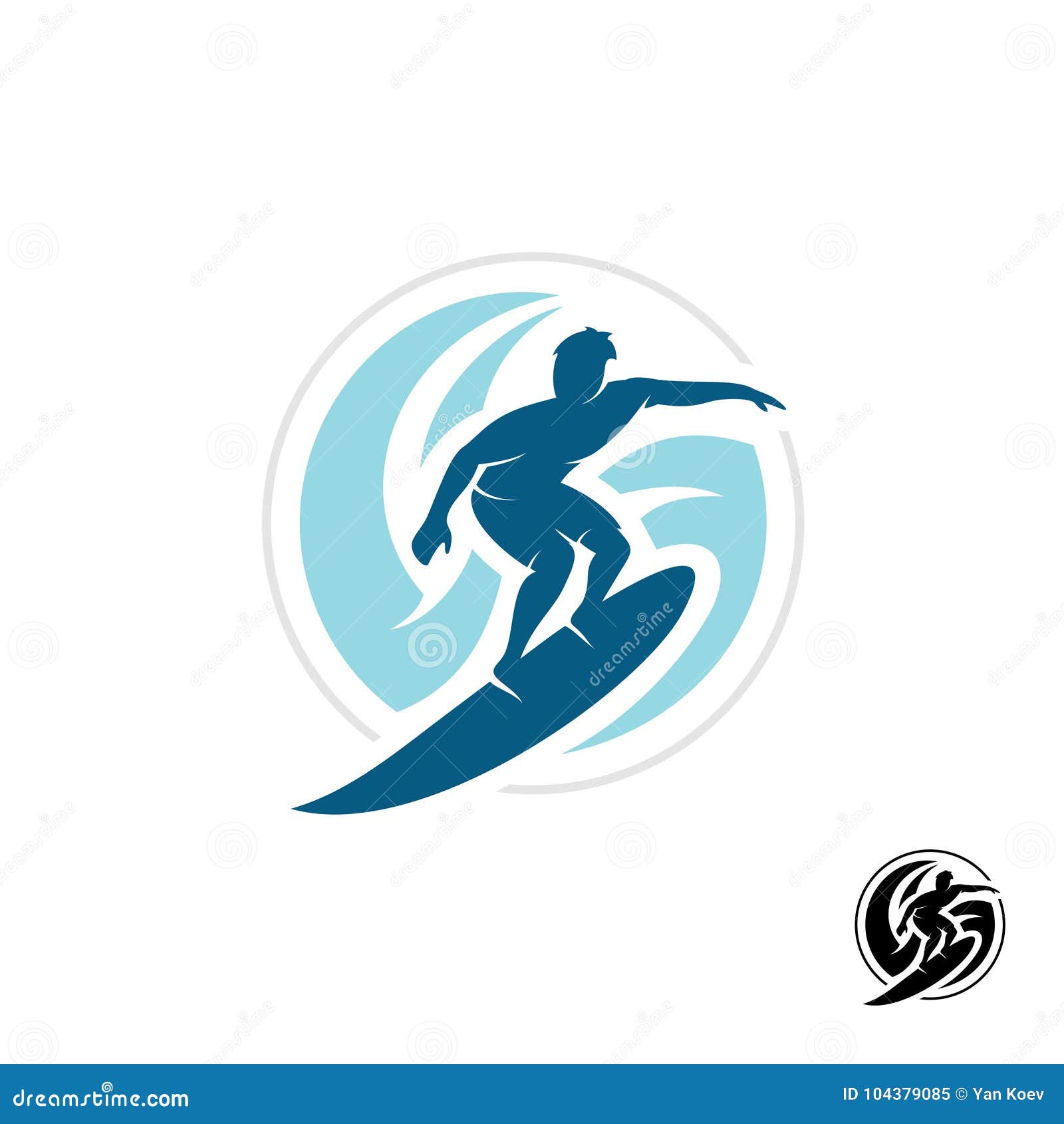 surf logo with man silhouette, board and sea waves.