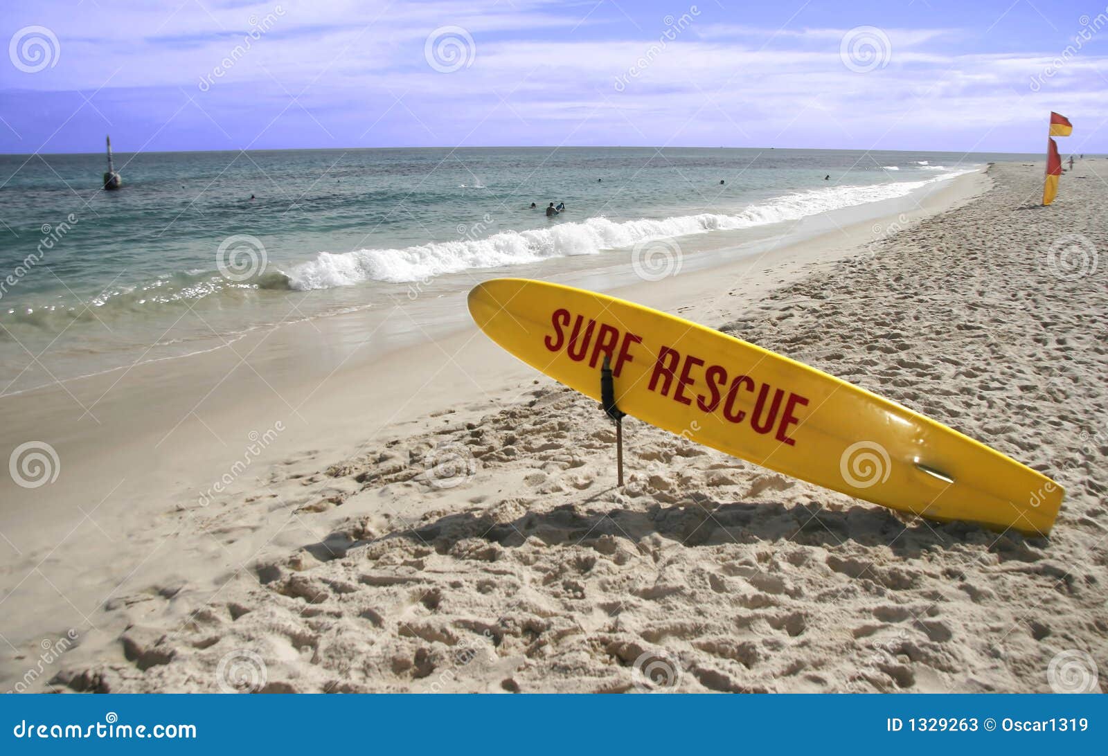 Surf rescue. Beach in Australia with a surfboard for the lifeguards.