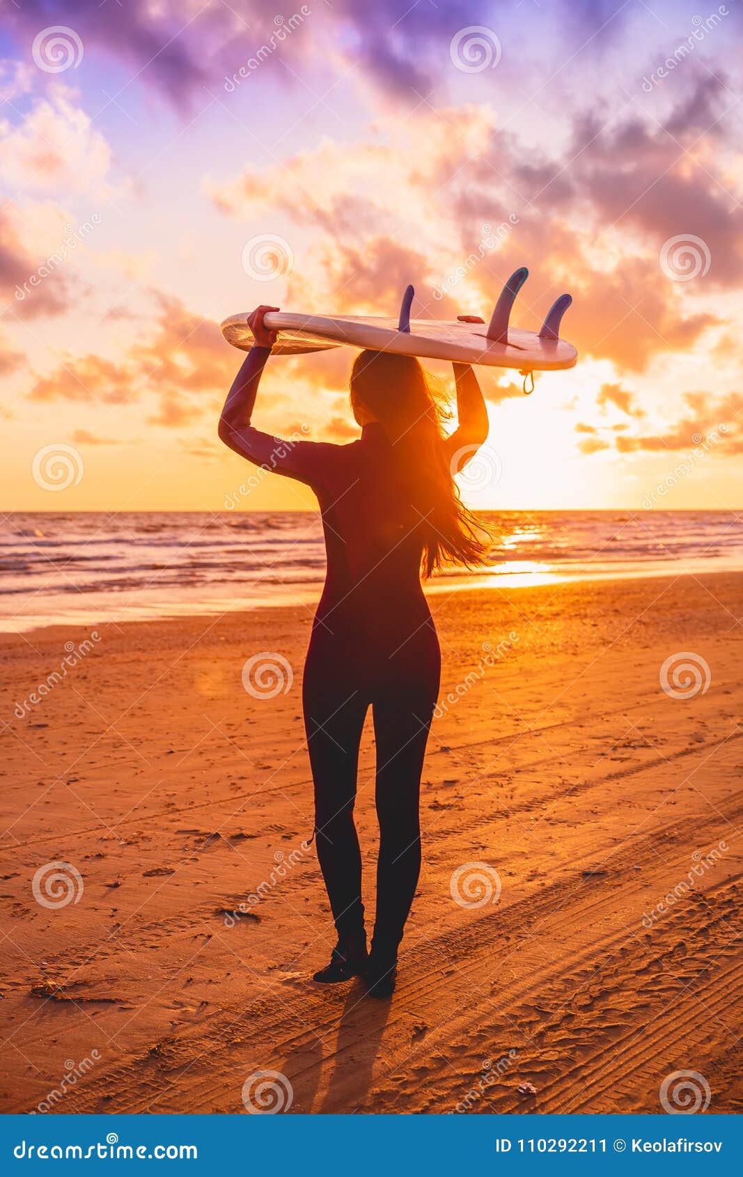 Surf Woman with Long Hair Go To Surfing. Surfer with Surfboard on a ...