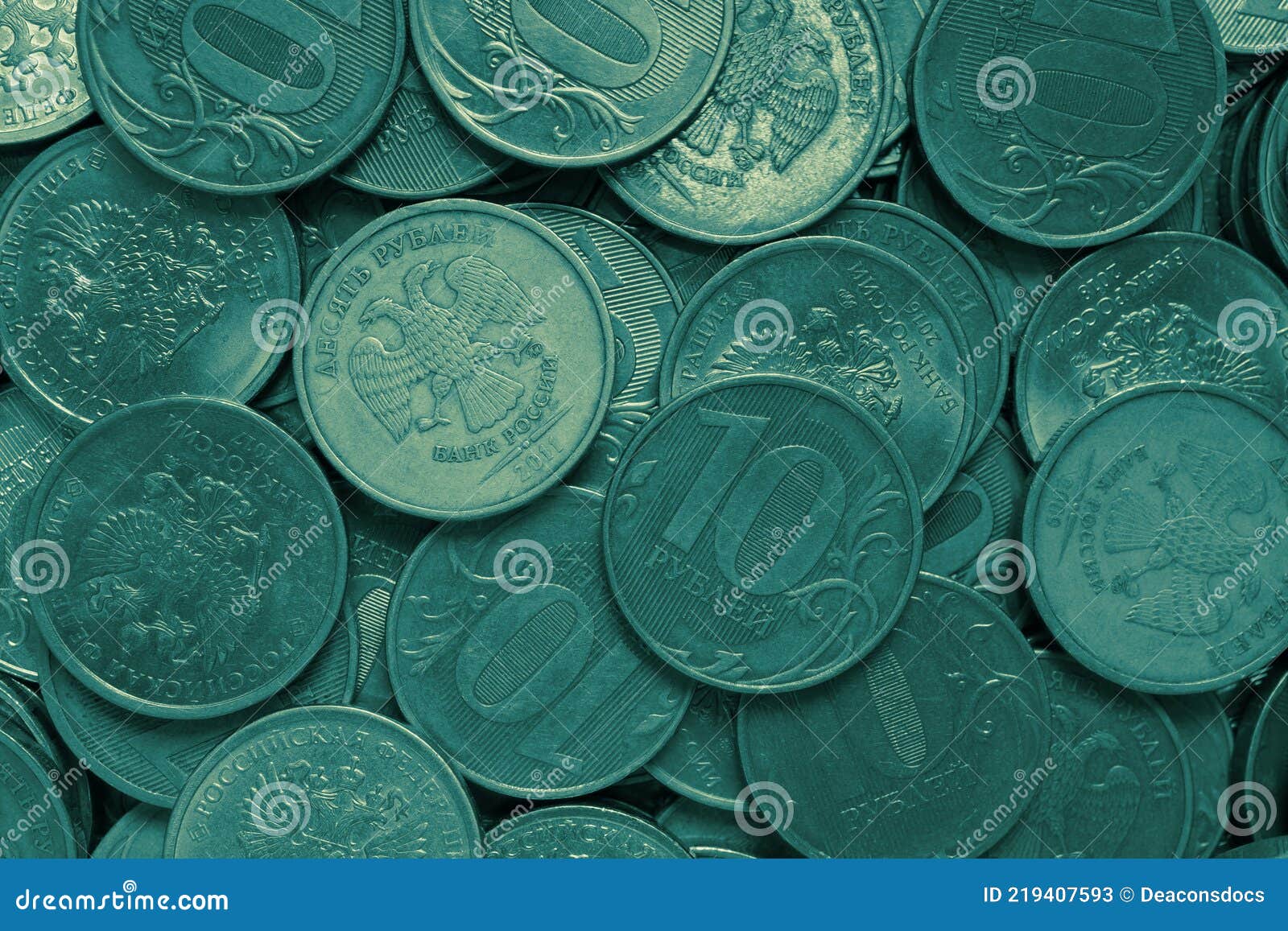 Surface of Many Russian Coins of 10 Ten Rubles. Dark Green Tinted  Background. Money Wallpaper Stock Image - Image of coins, russian: 219407593