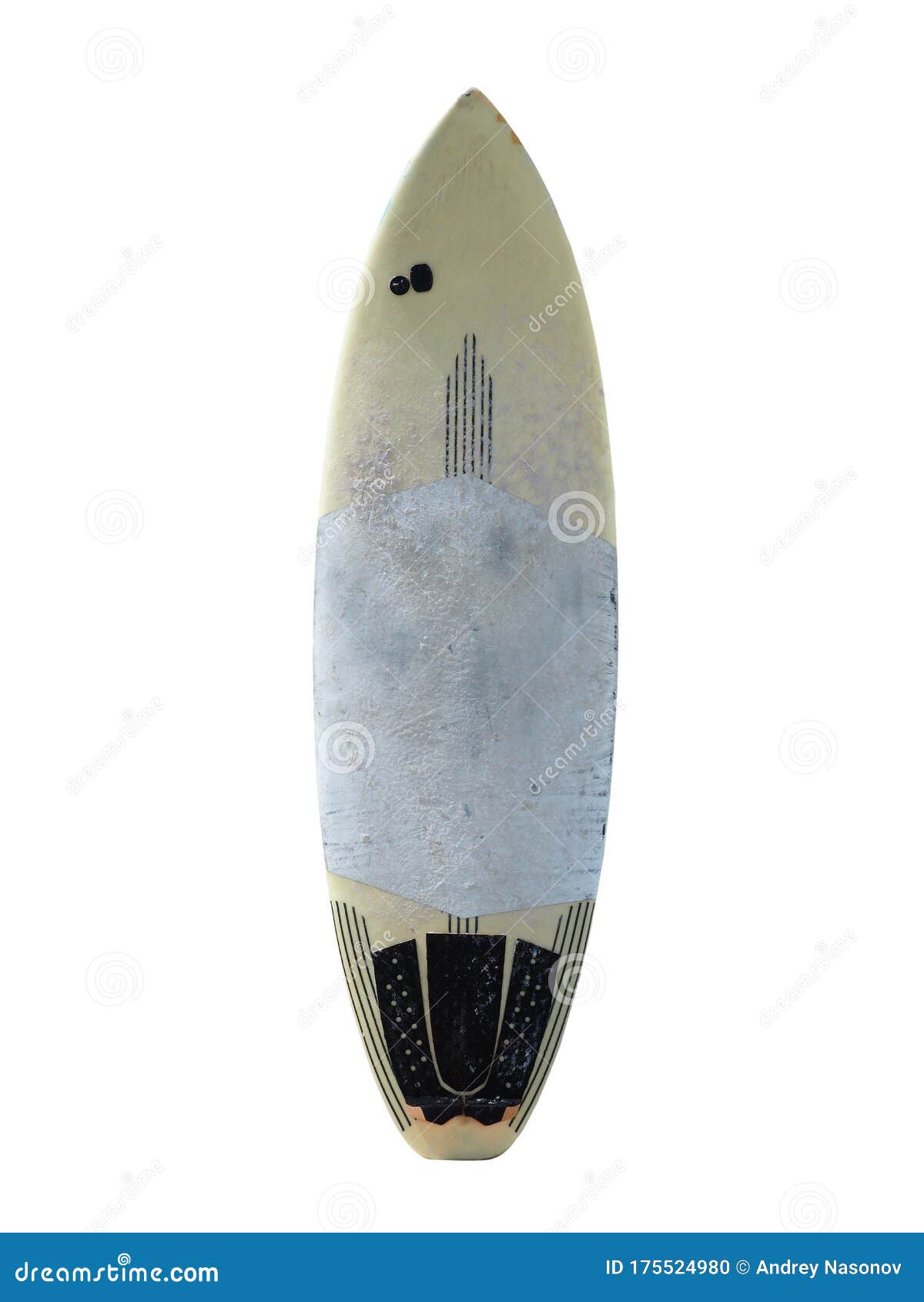 Surfboard Broken in Half and Repaired. Isolated on White Stock Photo