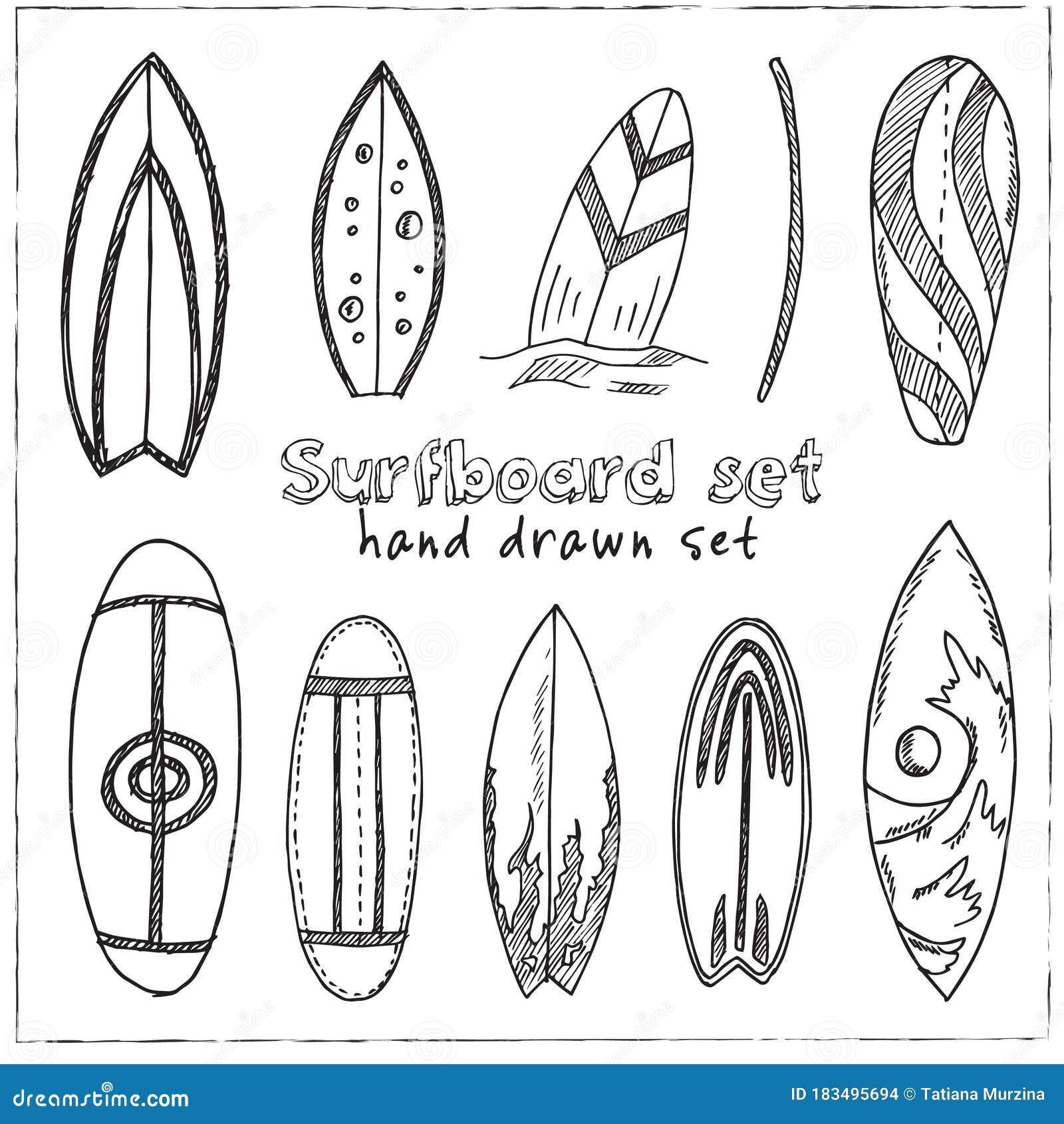 Surfboard Hand Drawn Doodle Set. Isolated Elements on White Background