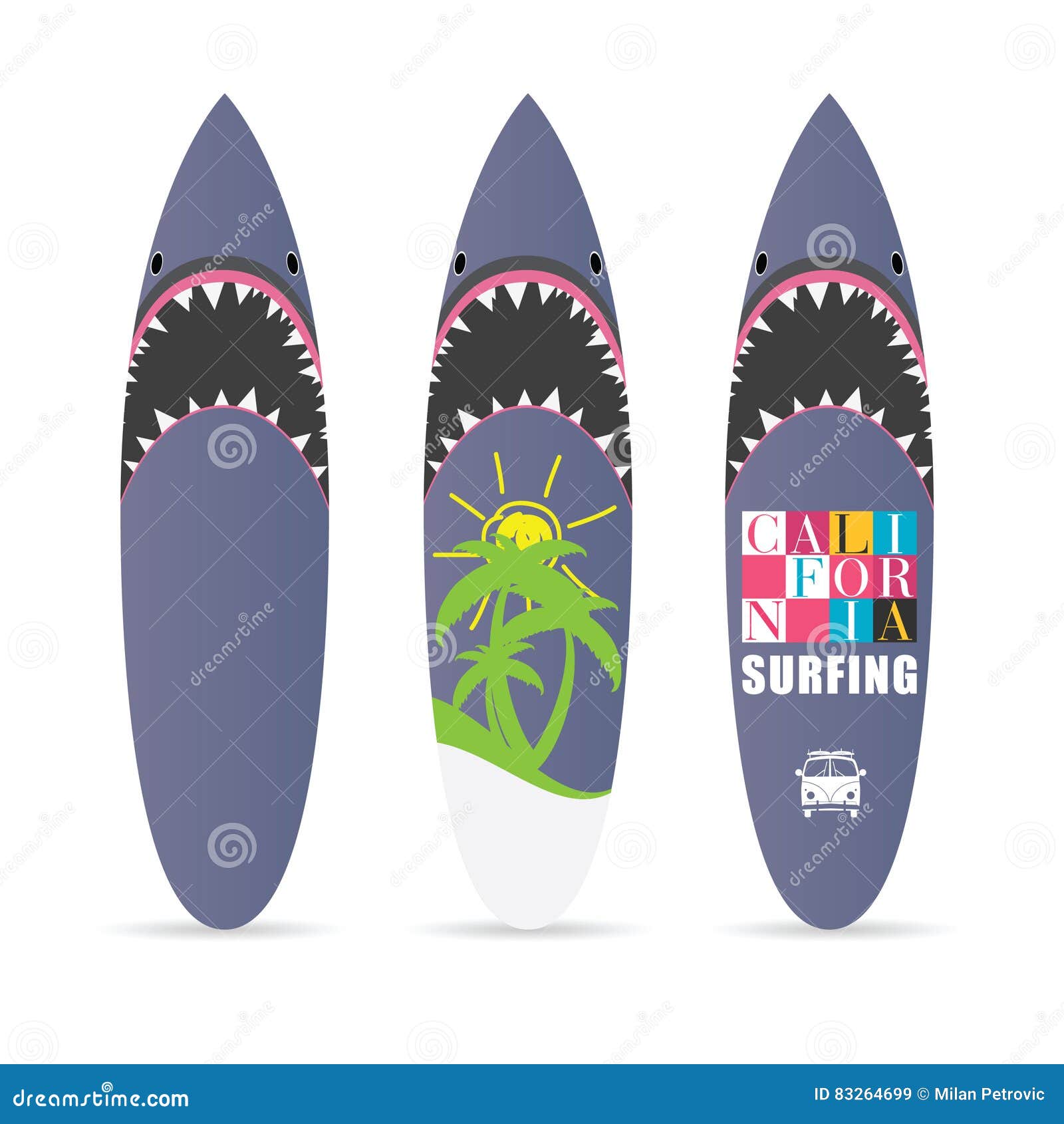 Surfboard Set With Shark Design Color Illustration Stock Vector