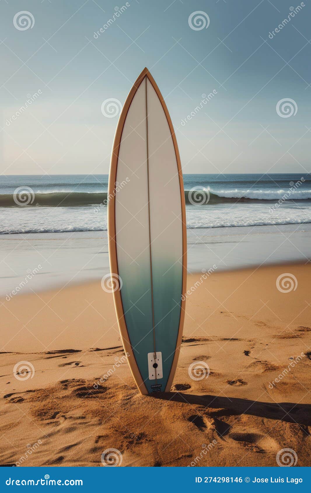 A Surfboard Stuck in the Sand on a Beach Stock Illustration