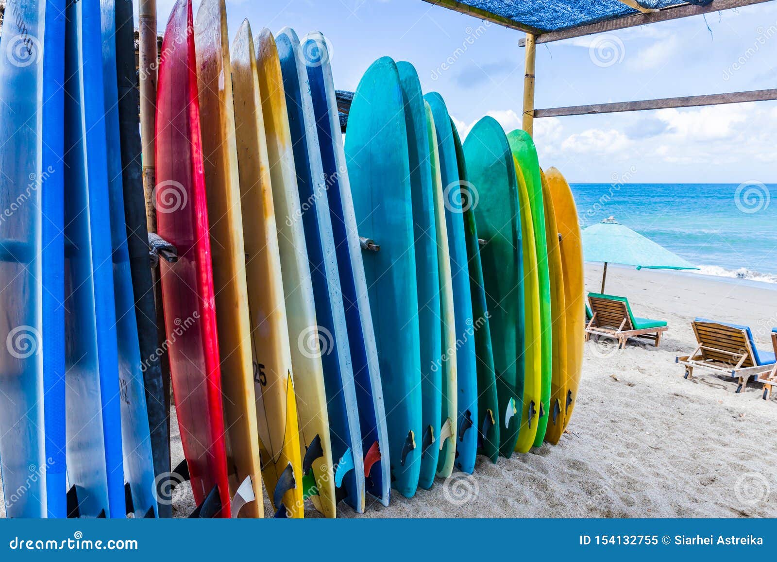 Surfboards of Different Color and Size are Standing on the Beach in