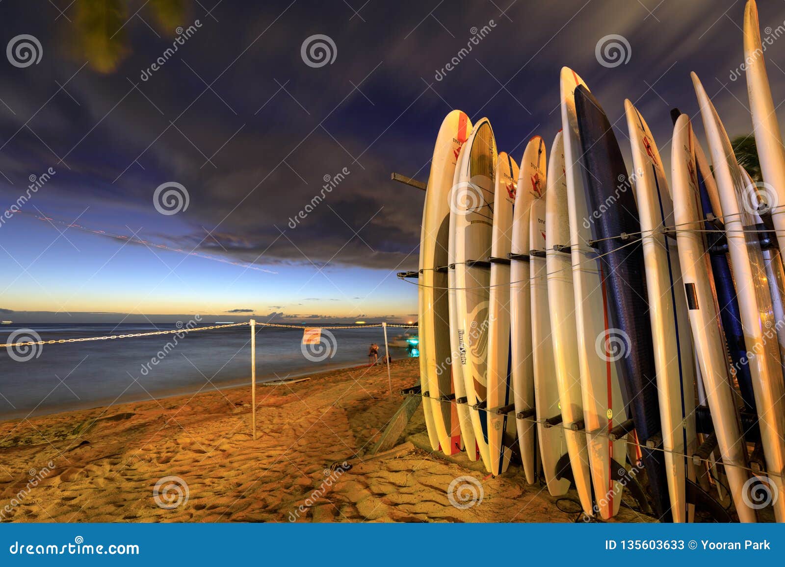 Surfboards Stack on the Landmark Waikiki Beach at Sunset Stock Image Image of attraction, trip