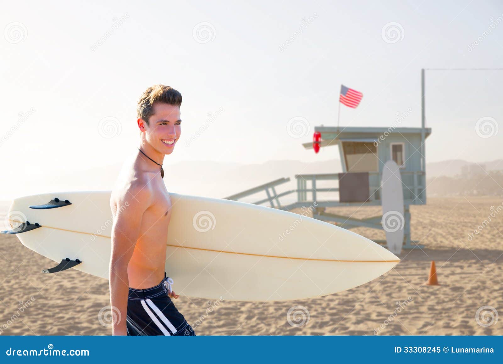 Surfer Boy Teen with Surfboard in Santa Monica Stock Image - Image of ...