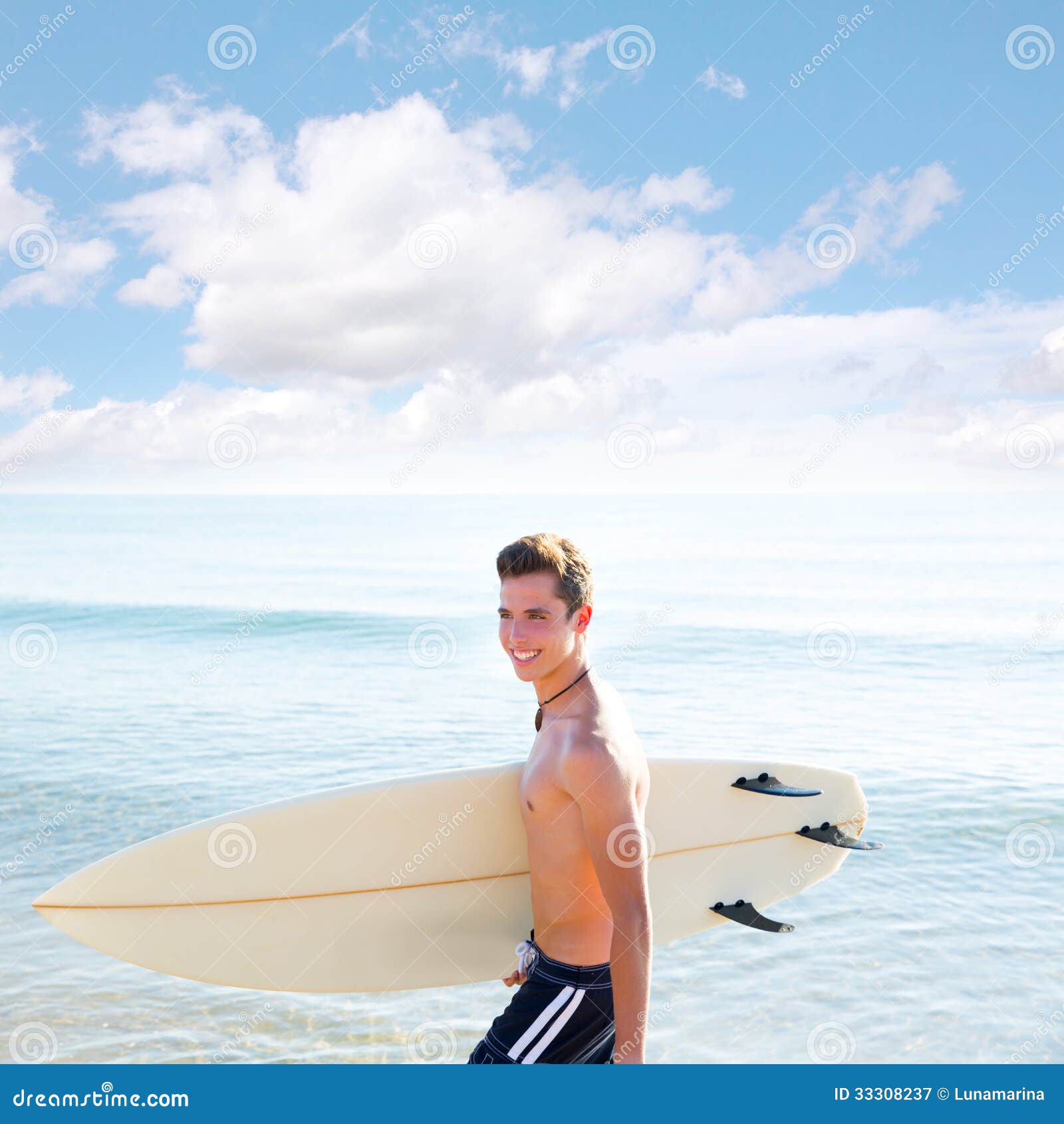Surfer Boy Teenager With Surfboard In Beach Royalty Free Stock ...