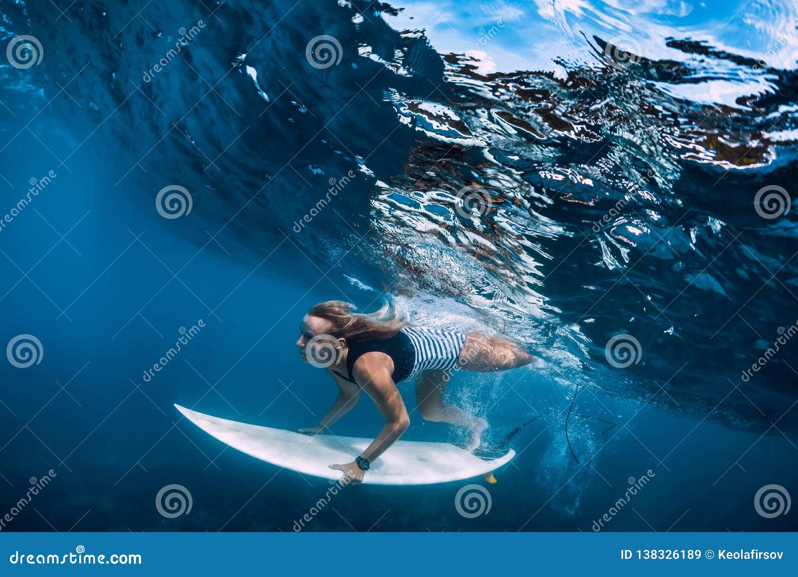 Surfer Girl Dive Underwater Surfer Dive Under Big Wave Surfer Girl Dive Underwater Surfer Dive Under Big Wave