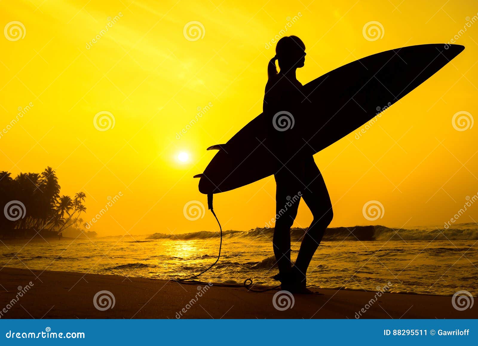 Surfer Girl Surfing Looking at Ocean Beach Sunset. Silhouette W Stock ...