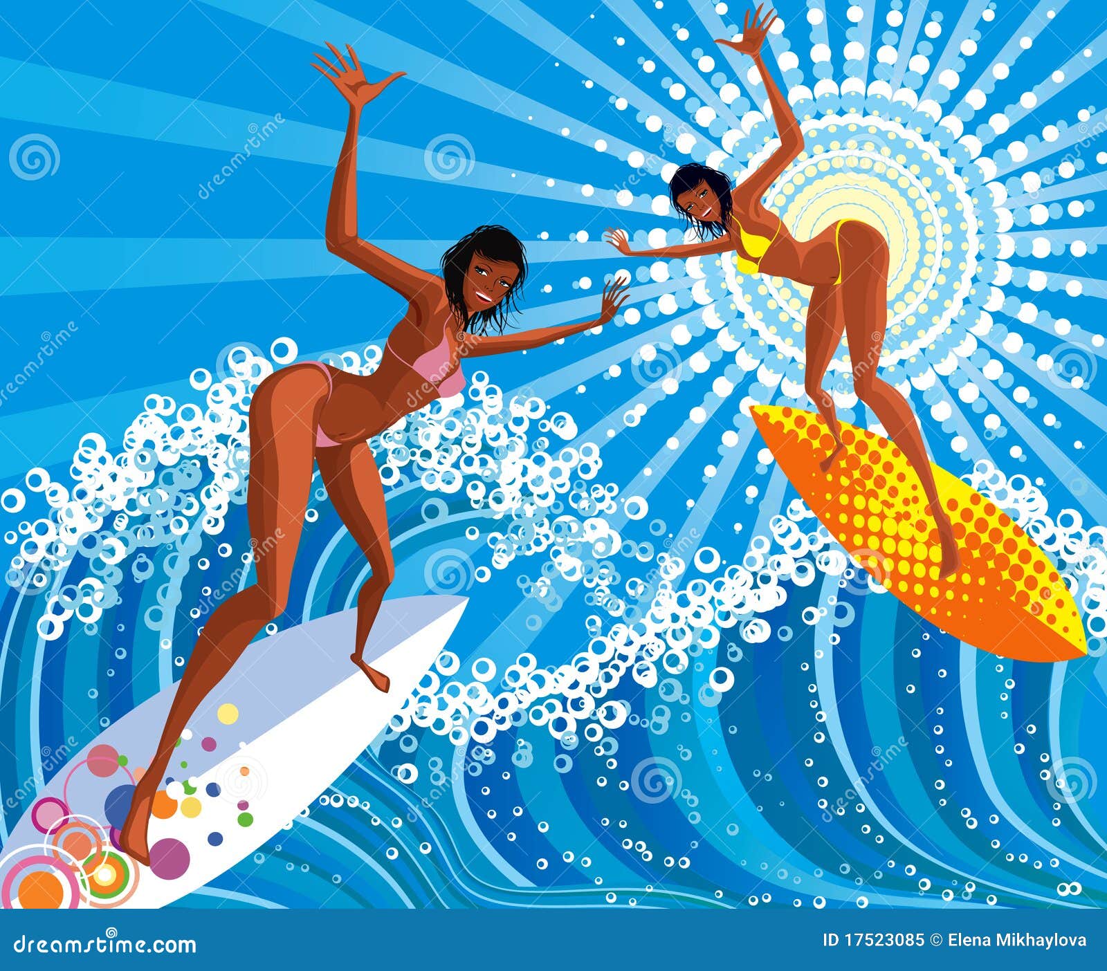 Two surfer girls riding over the waves on surfboards - vector illustration