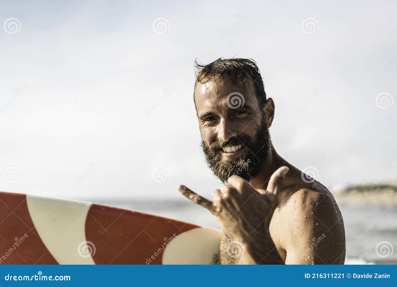 Surfer Happy with Surf Surfing Smiling Doing Hawaiian Shaka Hand Sign ...