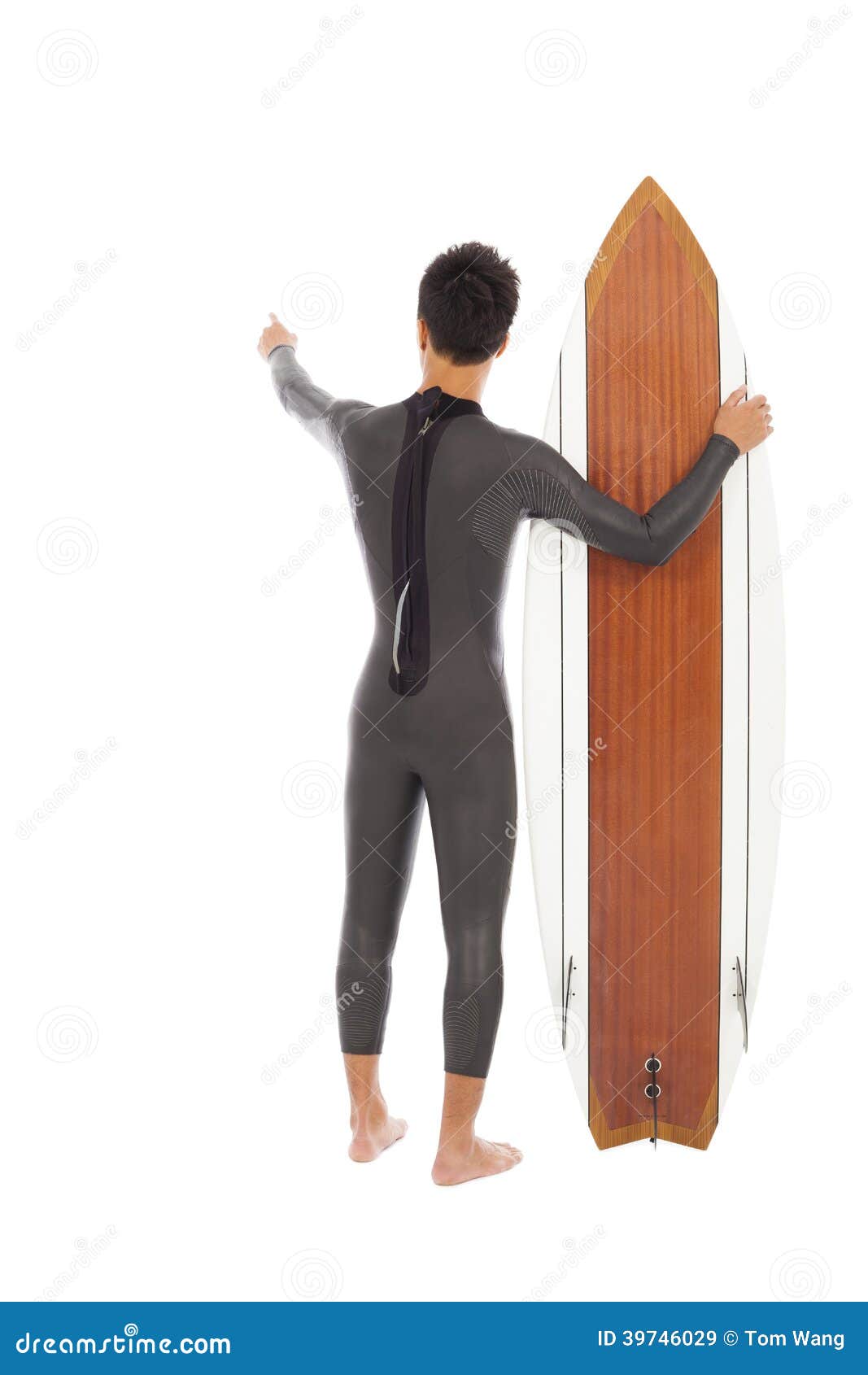 Surfer Man Holding a Surfboard and Point Somewhere Stock Image Image