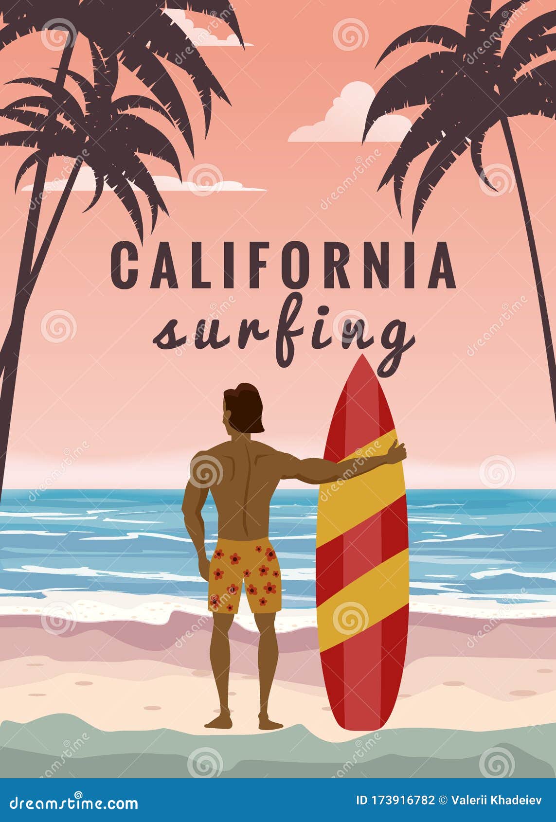 California Adventure Surfing Big Ocean Waves Palm Trees Surfboard Hoodies for Men