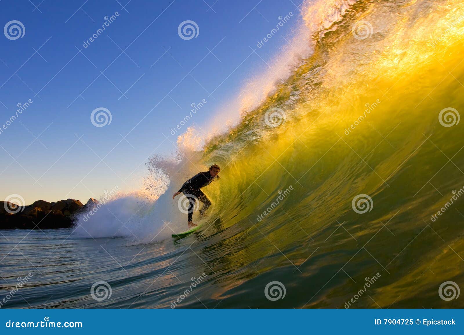 Surfer in the Tube at Sunset Stock Image Image of blue, barrel 7904725