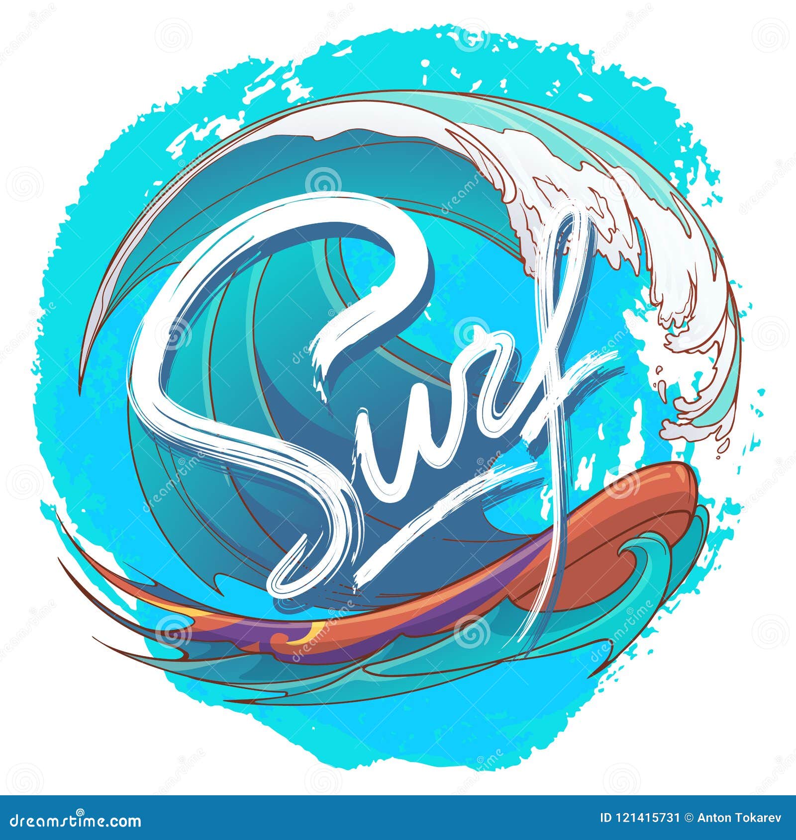 Surfing Logo with Stylised Handwritten Sign and Colourful Ocean Wave ...