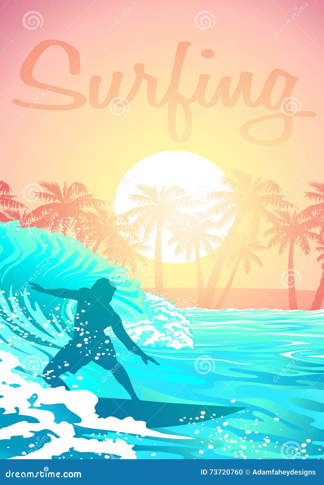 Surfing Male at Sunrise with Palm Trees Stock Vector Illustration of male, splash 73720760