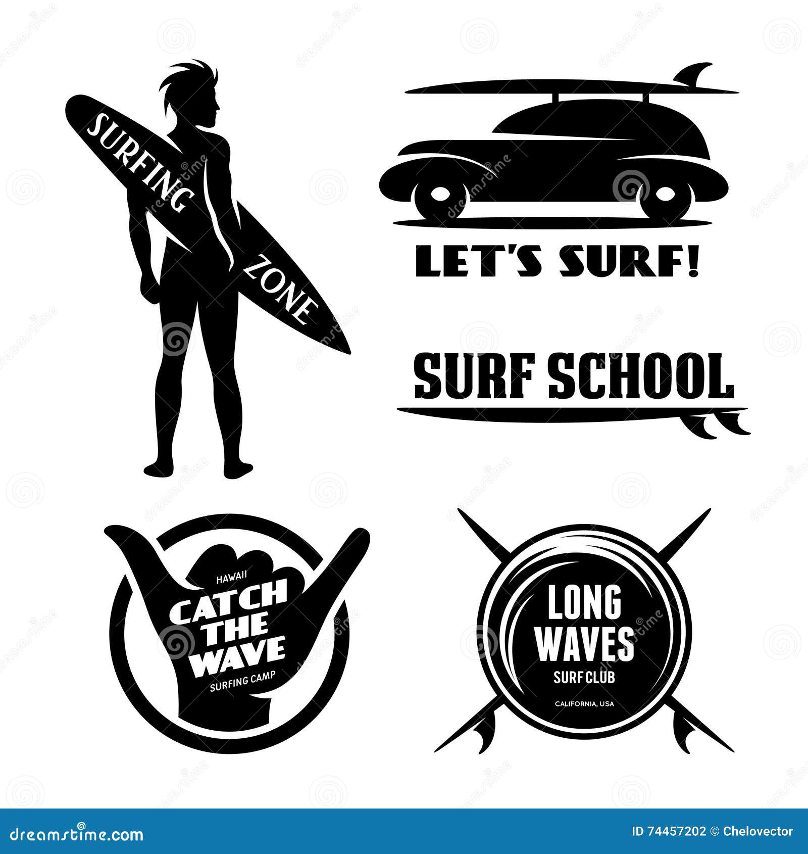 Surfing Related Labels Set. Vector Vintage Illustration. Stock Vector ...