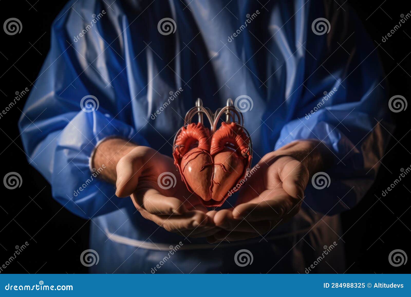 Surgeons Hands Holding a Heart Model with Valve Exposed Stock
