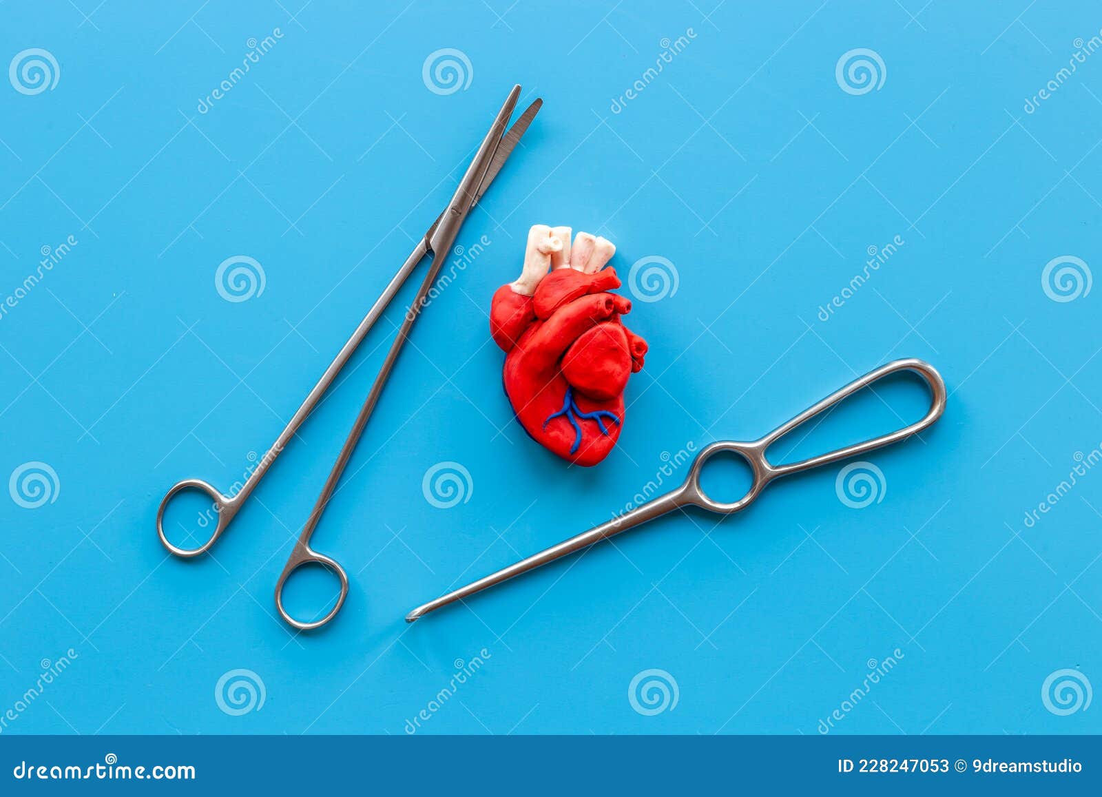 Surgical Instruments and Heart Model. Heart Surgery Concept Stock Image