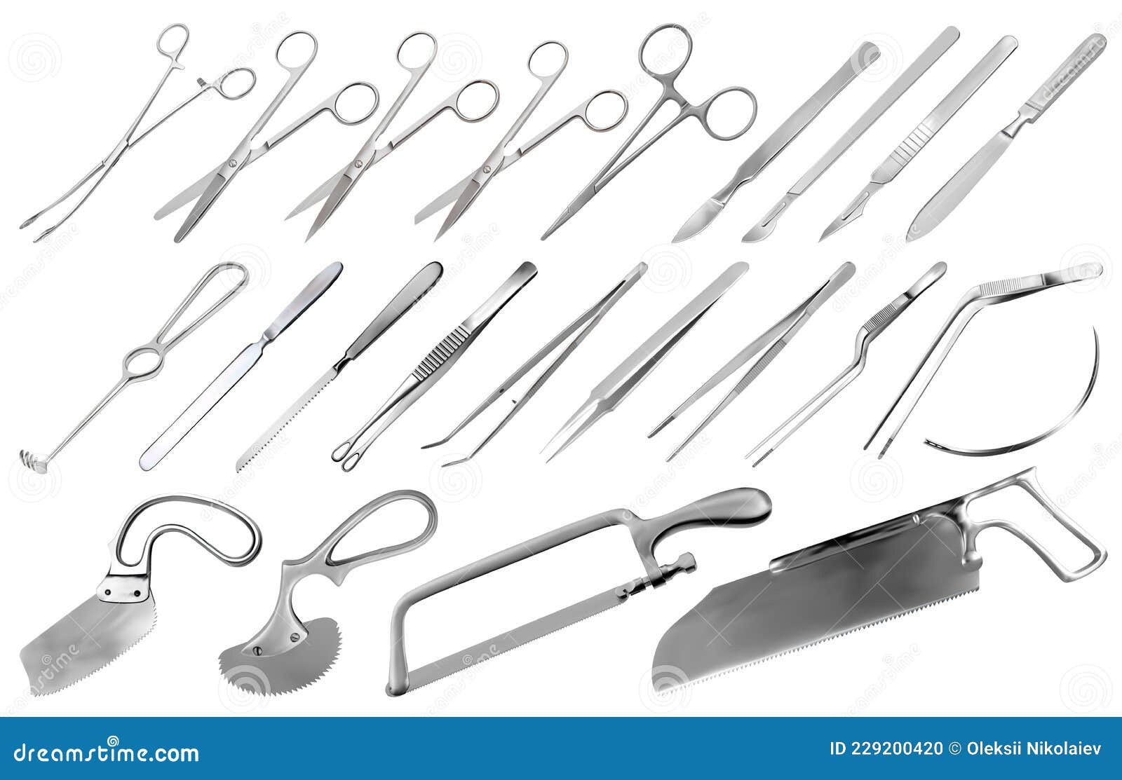 surgical instruments set. tweezers, scalpels, liston s knife, clamp, scissors, folkman hook, meyer forceps, needle