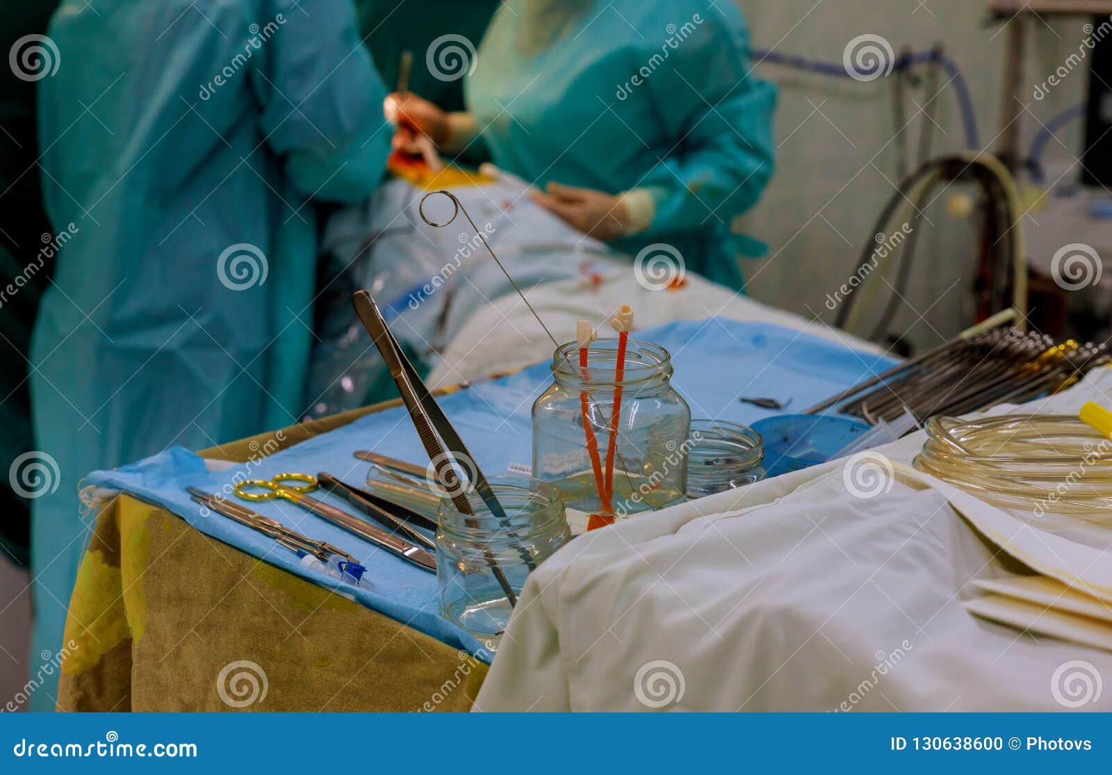 Surgical Instruments on Table for Operation with Colleagues Performing