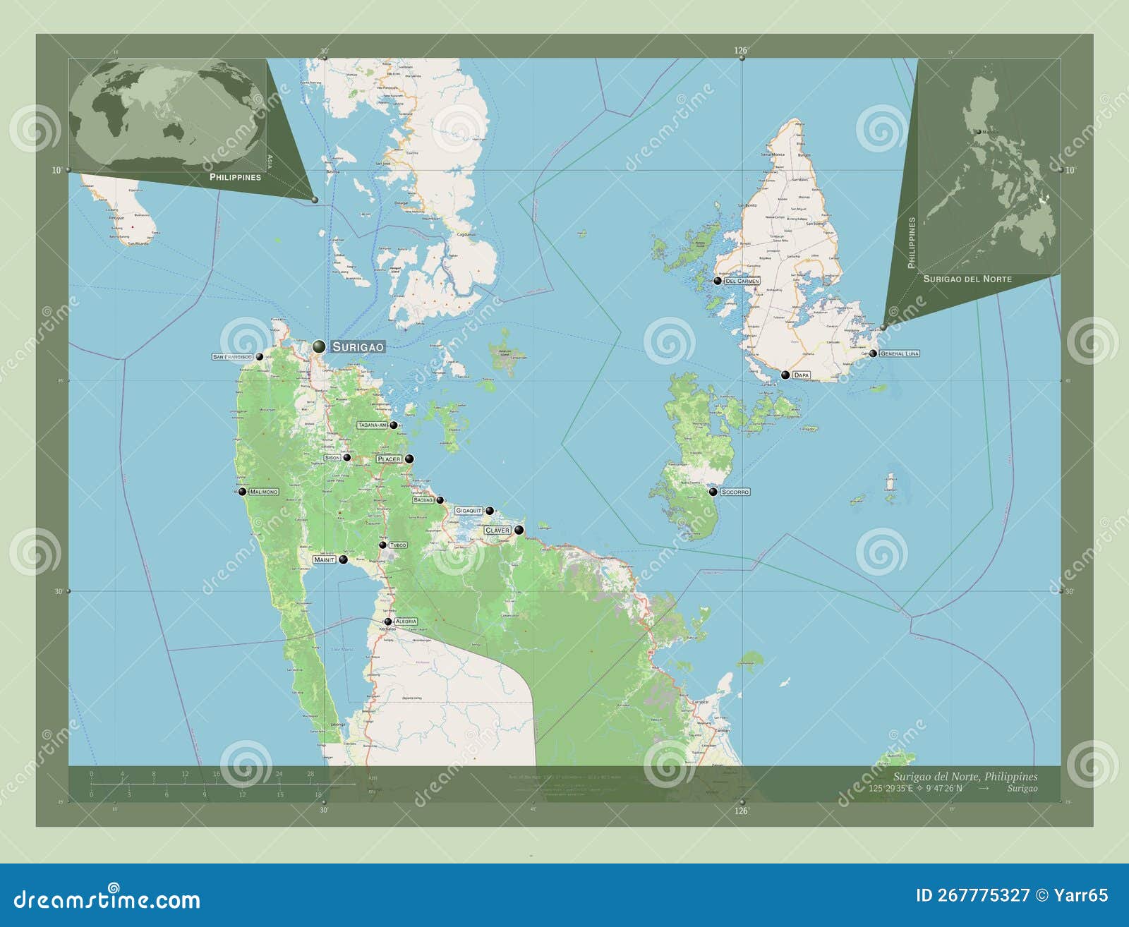 Surigao Del Norte, Philippines. OSM. Labelled Points of Cities Stock