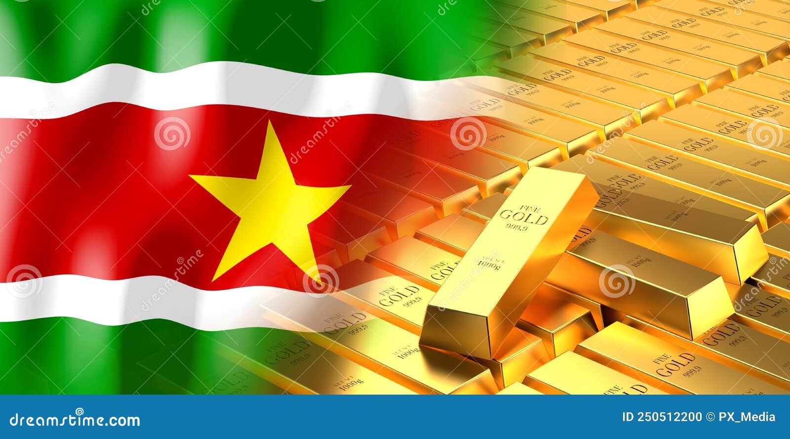 Suriname Flag and Gold Ingots 3D Illustration Stock Illustration