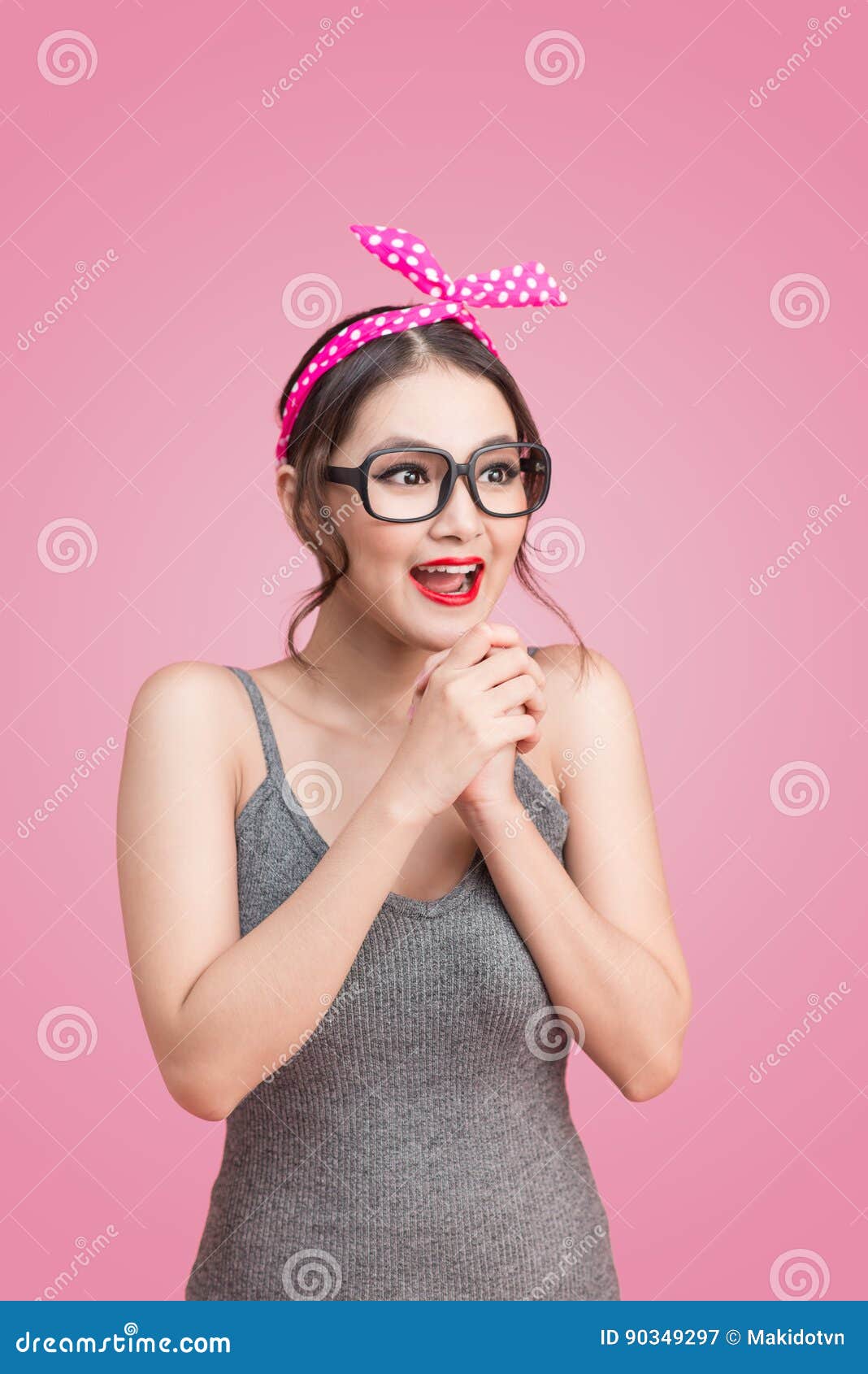 Surprised Asian Girl With Pretty Smile In Pinup Makeup Style Stock Image Image Of Asia Funny