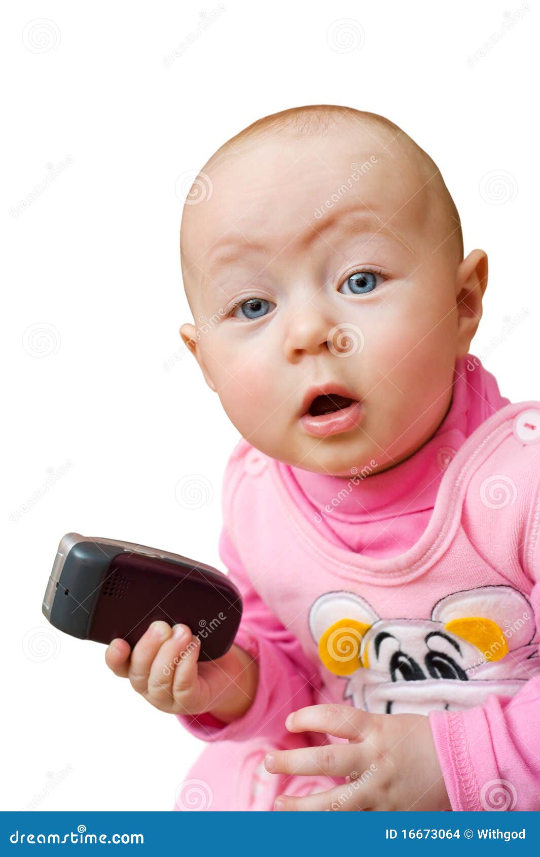 Surprised Baby with Cell Phone, Isolated Stock Photo Image of mouth