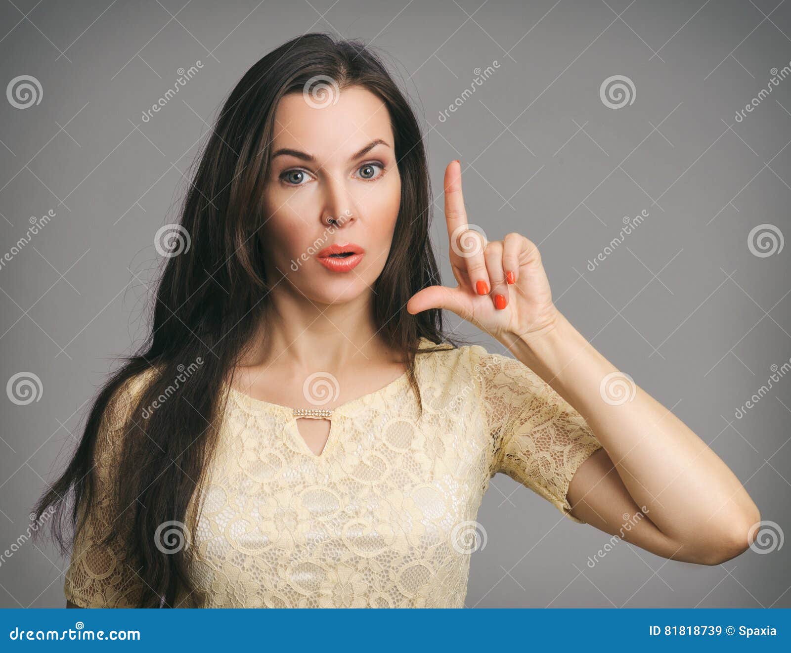 Surprised Beautiful Woman Pointing Up Her Finger Stock Image Image Of Emotions Amazed 81818739