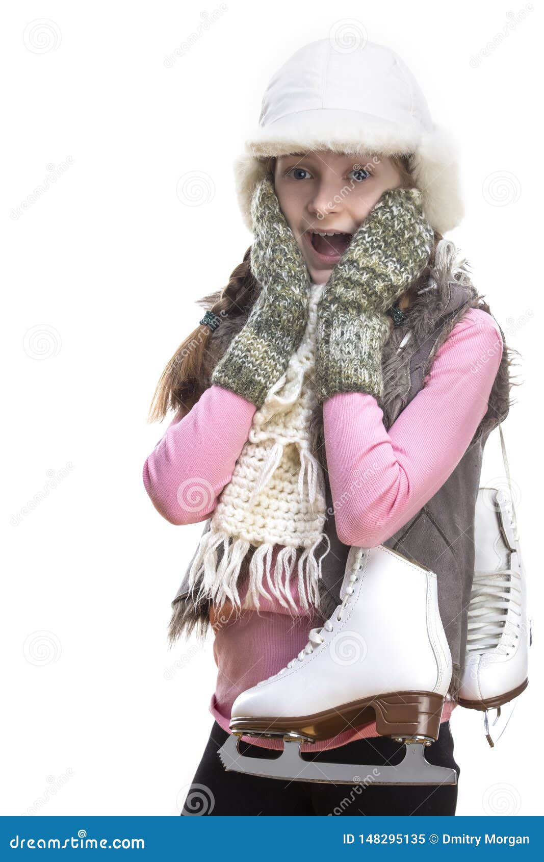 Surprised Caucasian Blond Girl in Winter Clothes. Posing Half-Turned ...