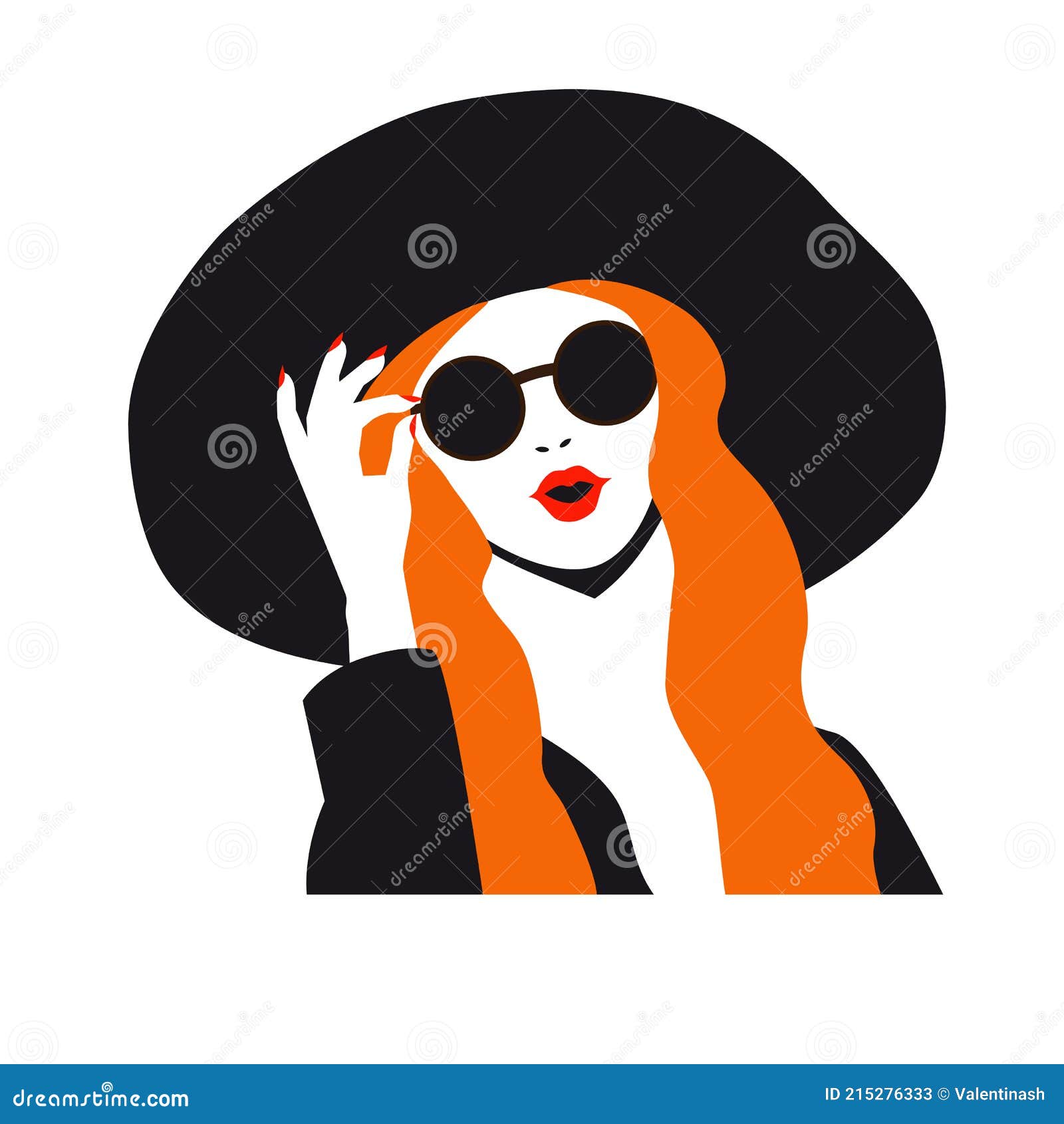 Surprised Delighted Girl in a Black Hat and Black Round Sunglasses ...