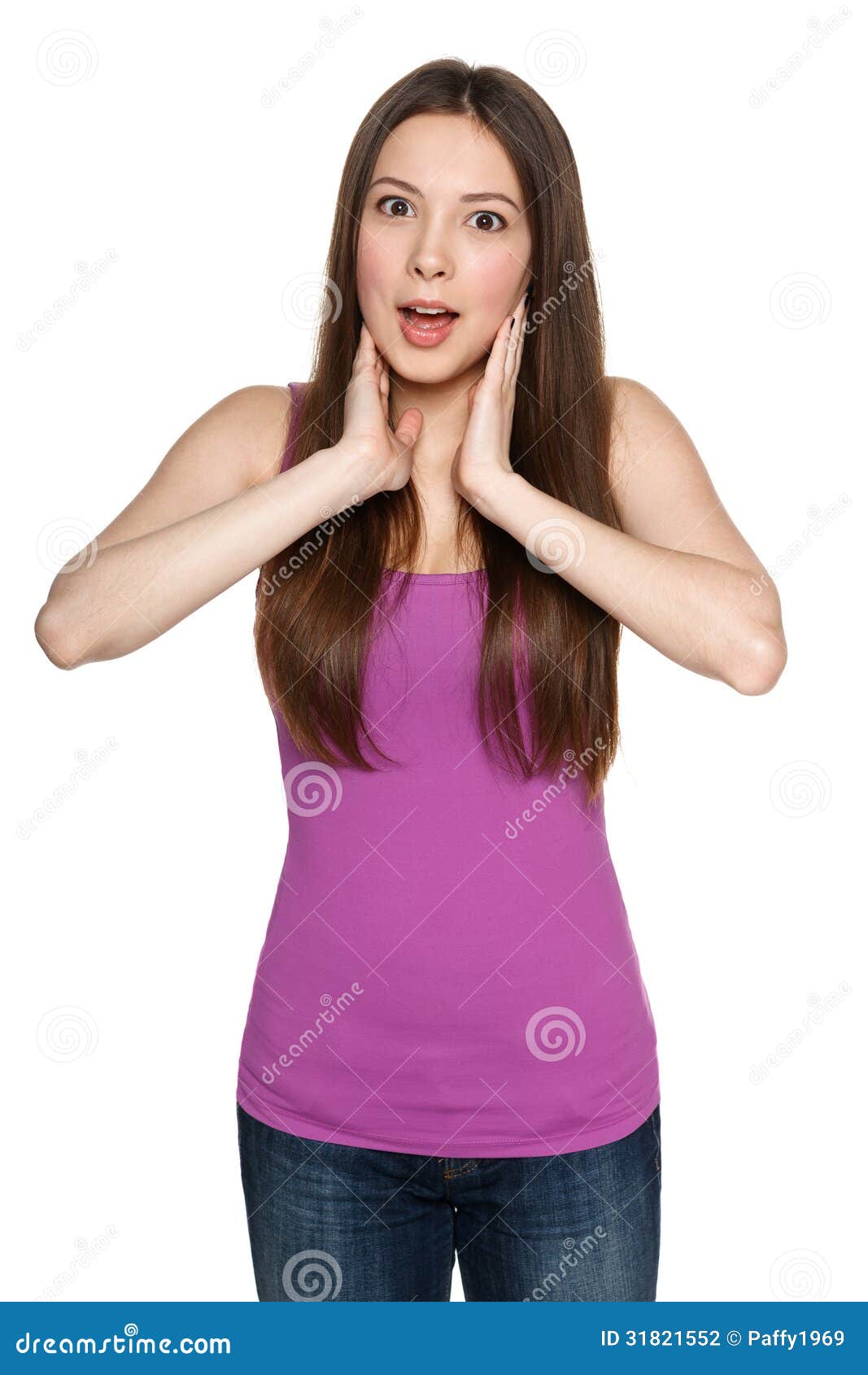 Surprised Female With Hands On Cheeks Stock Photo - Image of brunette ...