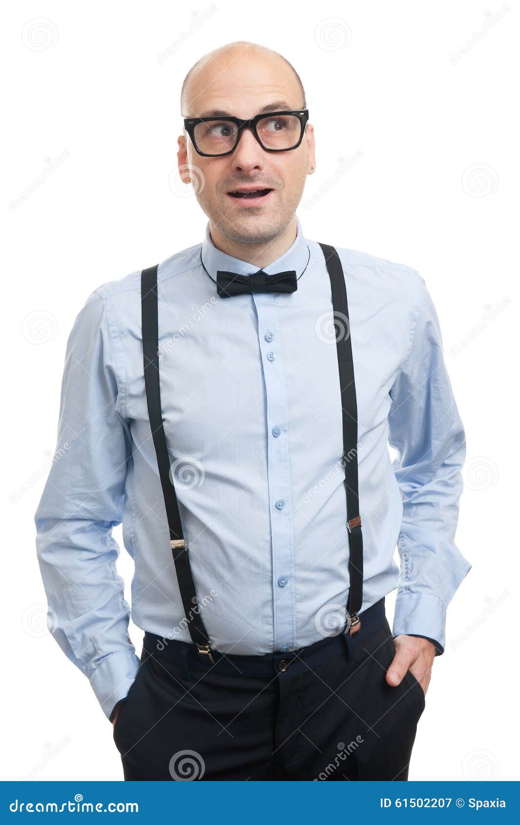 Surprised Guy with Suspenders and Bowtie Stock Image Image of