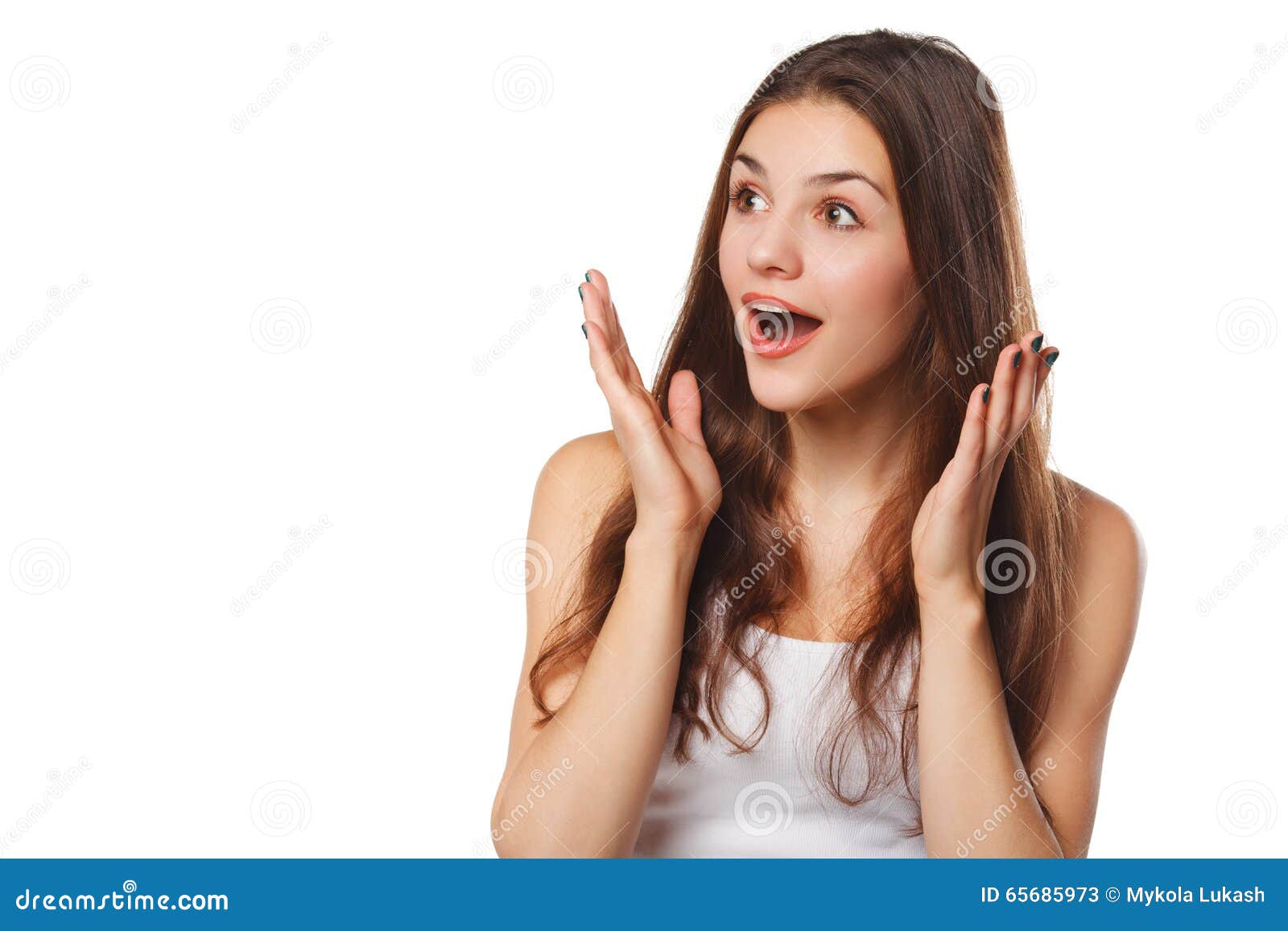 surprised happy beautiful woman looking sideways in excitement.  on white background