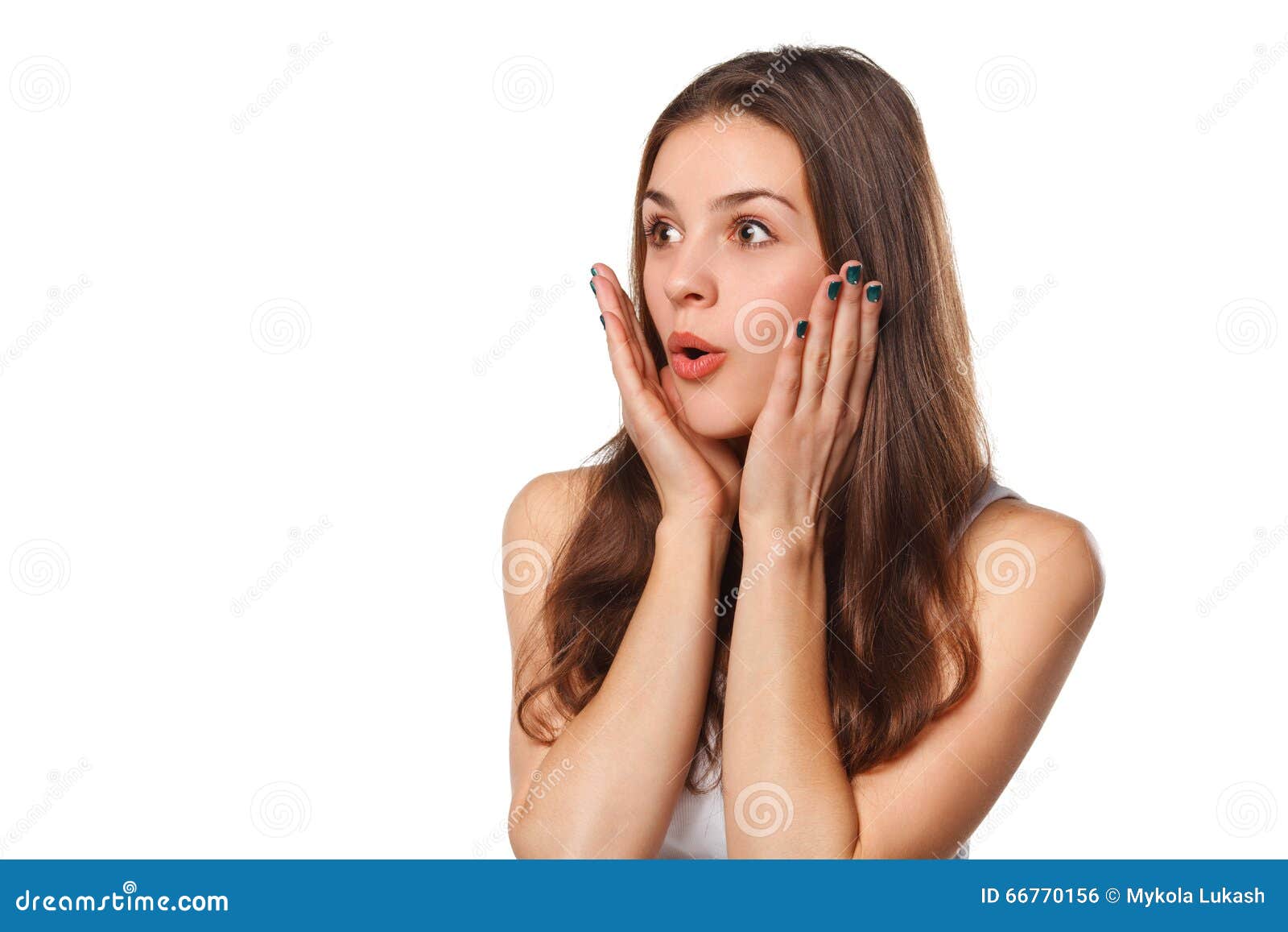 surprised happy beautiful woman looking sideways in excitement,  on white background