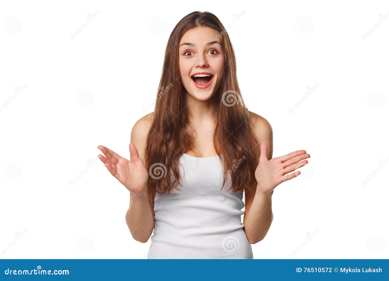 surprised happy beautiful woman looking sideways in excitement.  on white background